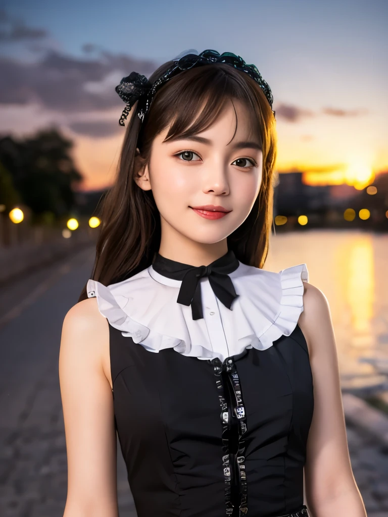 (Realistic, photo-Realistic:1.37), Incredibly absurd, (Very detailed:1.3), 8k, (masterpiece), (highest quality:1.4), (Ultra-high resolution:1.2), (RAW Photos:1.2), Very detailed背景, (unity 8k wallpaper), 1 nogizaka girl, very cute, bishojo, 15 years, (Gothic Lolita Fashion), Exquisitely drawn beautiful faces, eyes and skin, Detailed black shiny hair, Elegant frills, Frilled tie, Ribbon tie, Rose Hair Accessories, Delicate lace dress, Soft fabric, Beautiful rose pattern, Smiling for the camera, Cowboy Shot, European castle landscape, Professional Lighting