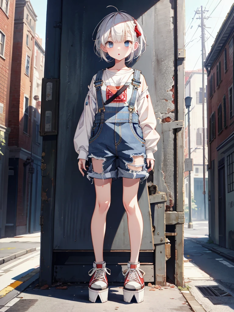 1girl、highest quality、Masterpiece、Official Art、The best composition、Highly detailed CG、High resolution、Disorganized、Standing in front of the viewer、vtuber-fullbody、Milky white short hair、Baggy denim overalls、Platform sneakers、