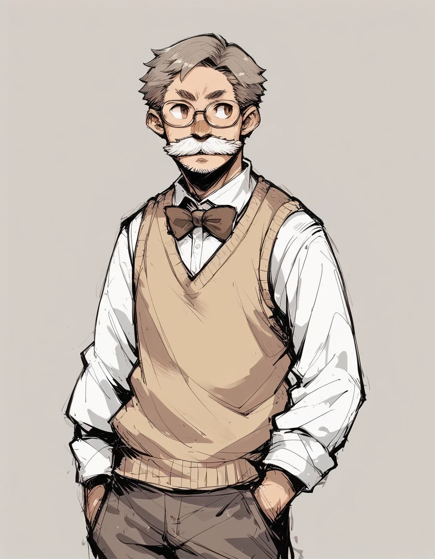 score_9, score_8_up, score_7_up, score_6_up, cowboy shot, solo, 1boy, short hair, grey hair, mustache, brown eyes, glasses, bowtie, sweater vest, long sleeves, pants, sketch, hatching \(texture\), 