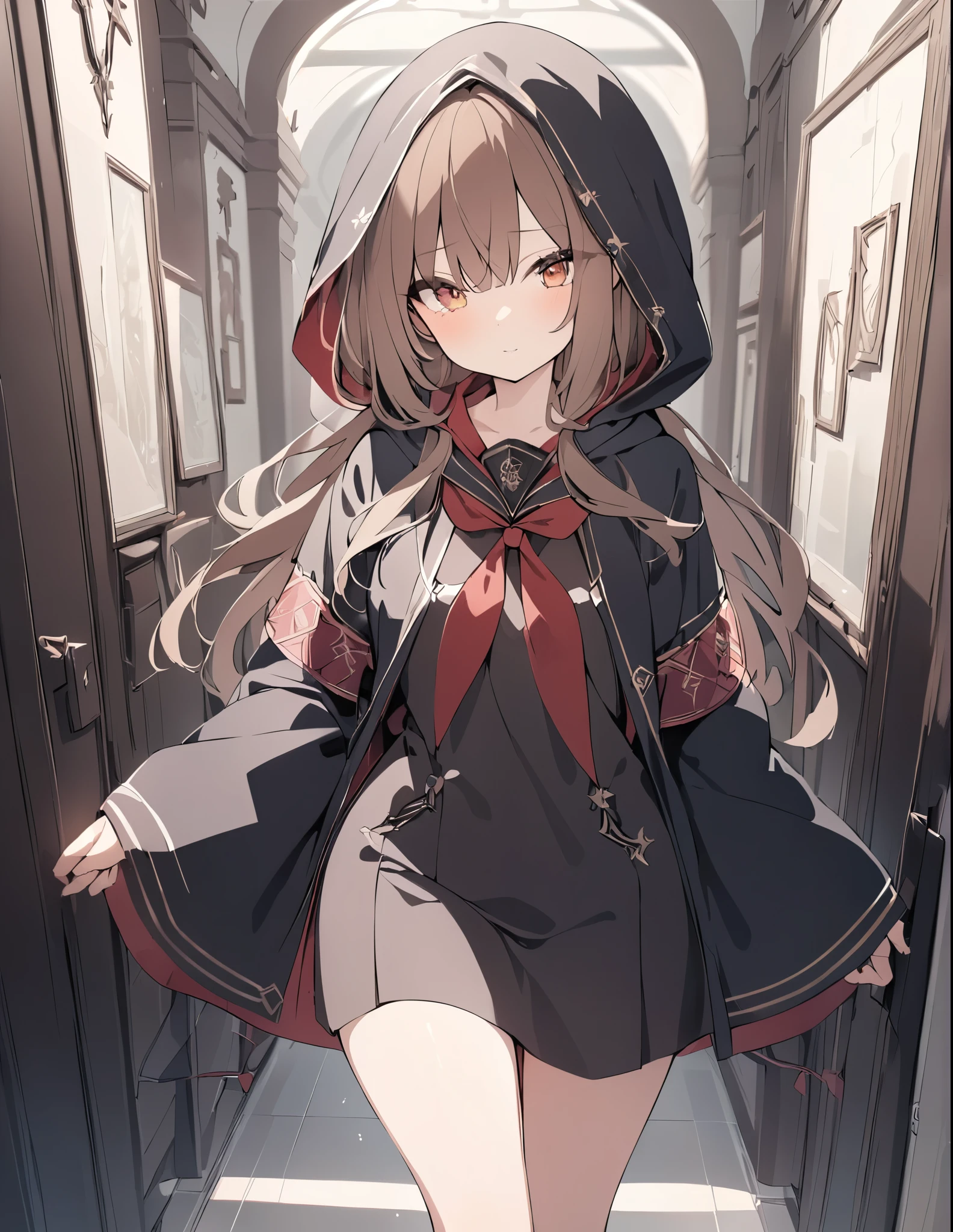 a female mage walking in the hallway of a magic school, long brown hair, amber eyes, wearing a black hooded robe with a pop of red, pale color tones, 35mm, f/1.2, UHD, high details, best quality, highres, masterpiece、cute