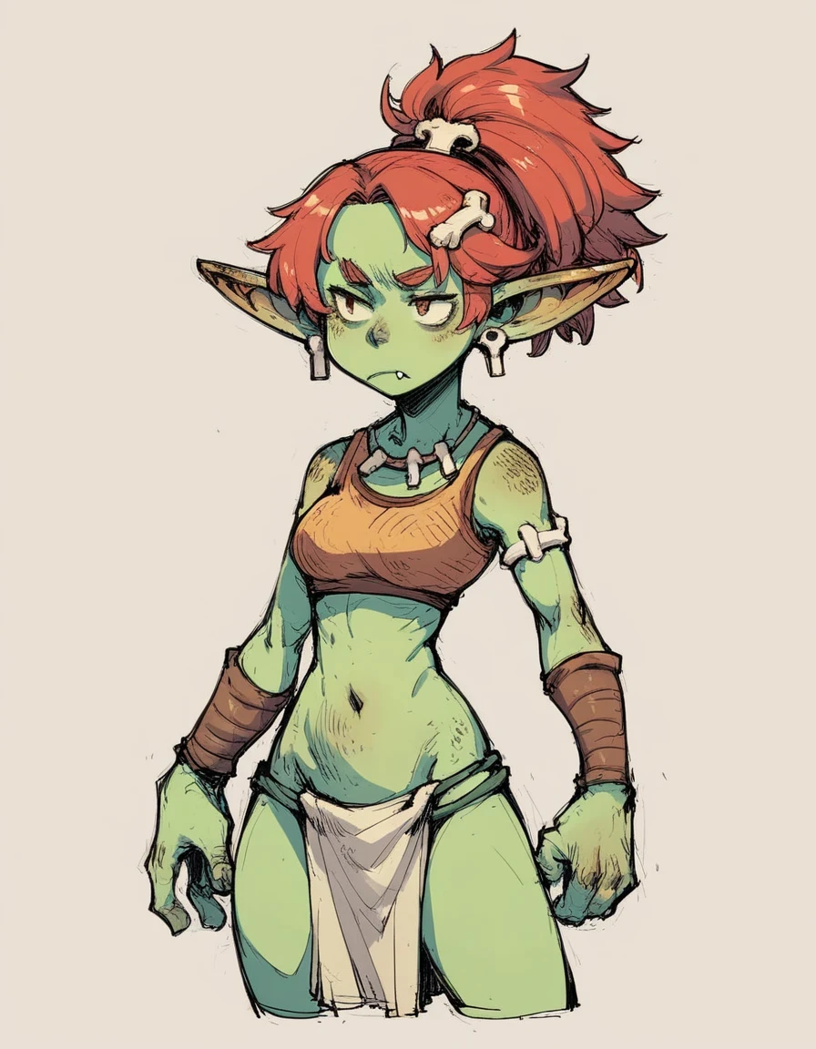 score_9, score_8_up, score_7_up, score_6_up, solo, 1girl, female goblin, green skin, pointy ears, earrings, red hair, bone hair ornament, high ponytail, tribal, fang, bone necklace, crop top, midriff, loincloth, sketch, hatching \(texture\), cowboy shot,