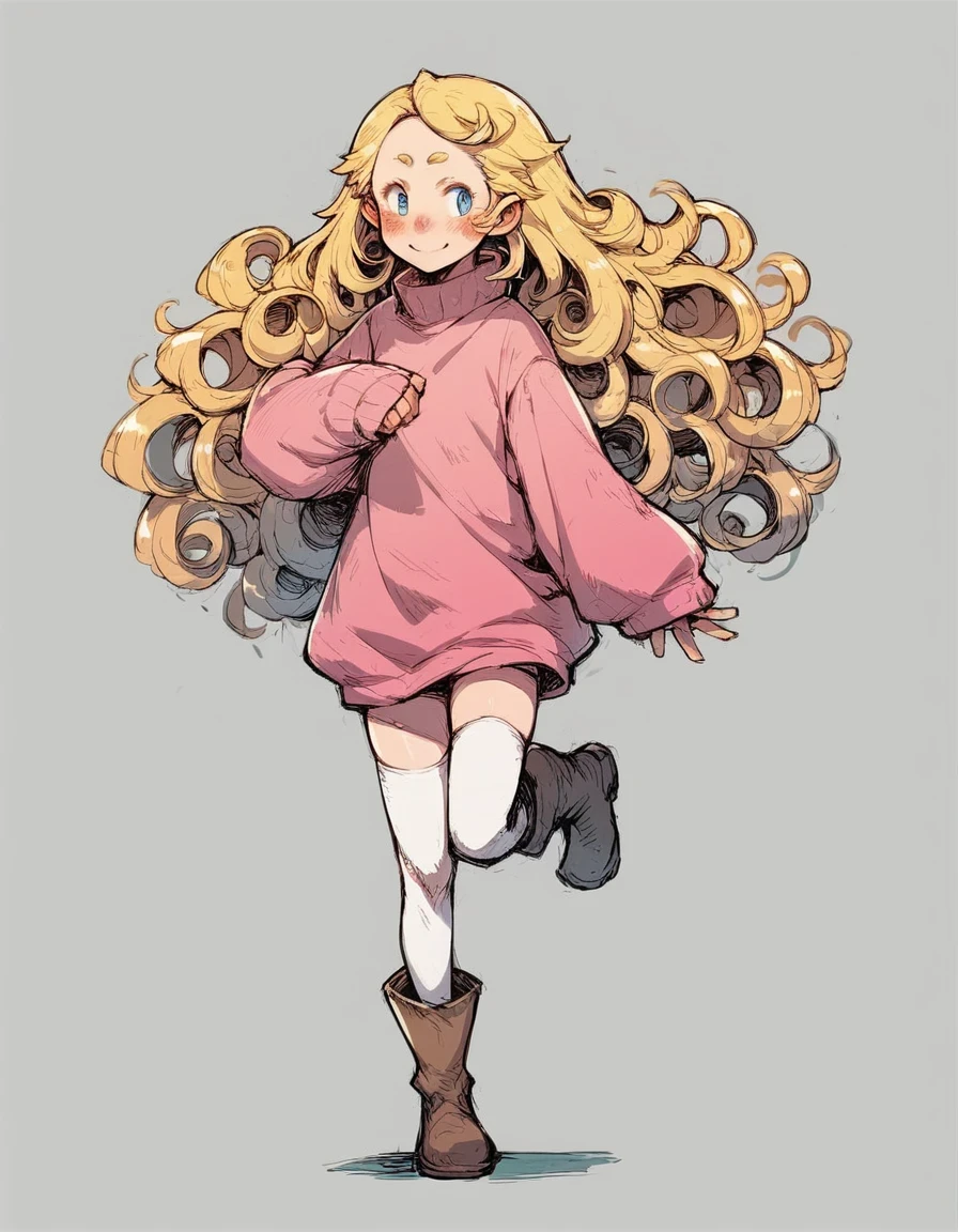 score_9, score_8_up, score_7_up, score_6_up, solo, 1girl, standing on one leg, long hair, blonde hair, curly hair, blue eyes, blush, smile, pink sweater, oversized clothes, sleeves past wrists, boots, white thighhighs, sketch, hatching \(texture\), 