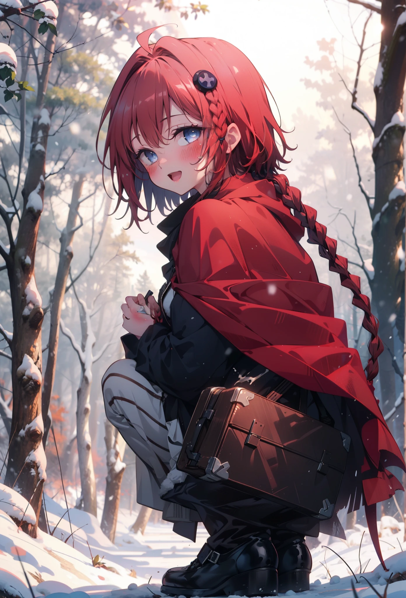 kurosaki mea,Red Hair,Long Hair,Long braids,Purple eyes,smile,smile,blush,White Breath,
Open your mouth,snow,A bonfire on the ground,,Outdoor, boots, snowing, From the side, wood, suitcase, Cape, Blurred, , forest, White handbag, nature,  Squat, Mouth closed, Cape, winter, Written boundary depth, Black shoes, red Cape break looking at viewer, Upper Body, whole body, break Outdoor, forest, nature, break (masterpiece:1.2), highest quality, High resolution, unity 8k wallpaper, (shape:0.8), (Beautiful and beautiful eyes:1.6), Highly detailed face, Perfect lighting, Highly detailed CG, (Perfect hands, Perfect Anatomy),