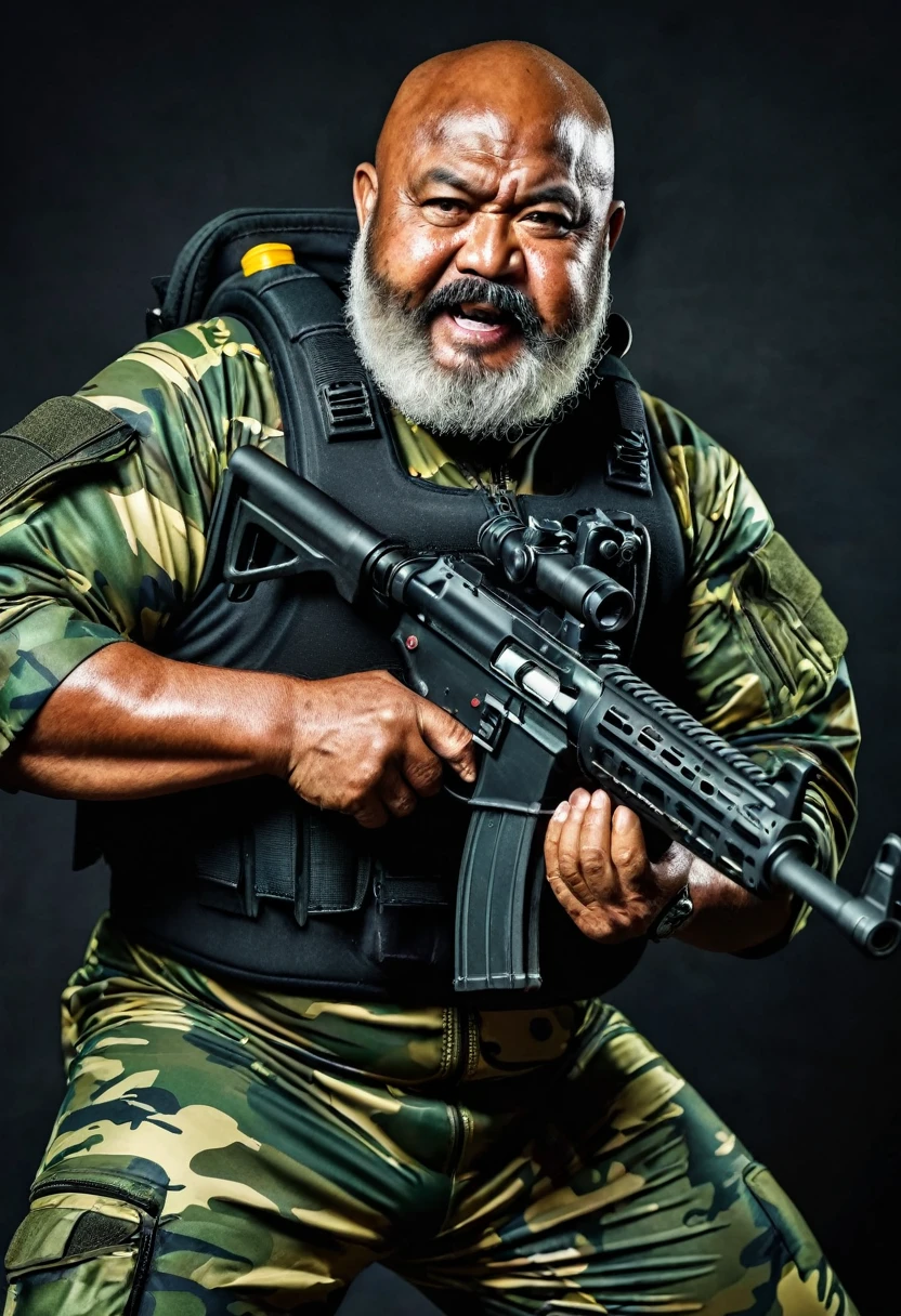 (a dark-skinned bearded fat old man in a bulky camouflage zipper diver suit) shooting with a gun, muscular, Basuki Abdullah, sumatraism, action, a character portrait, heroic, fierce, snarling
