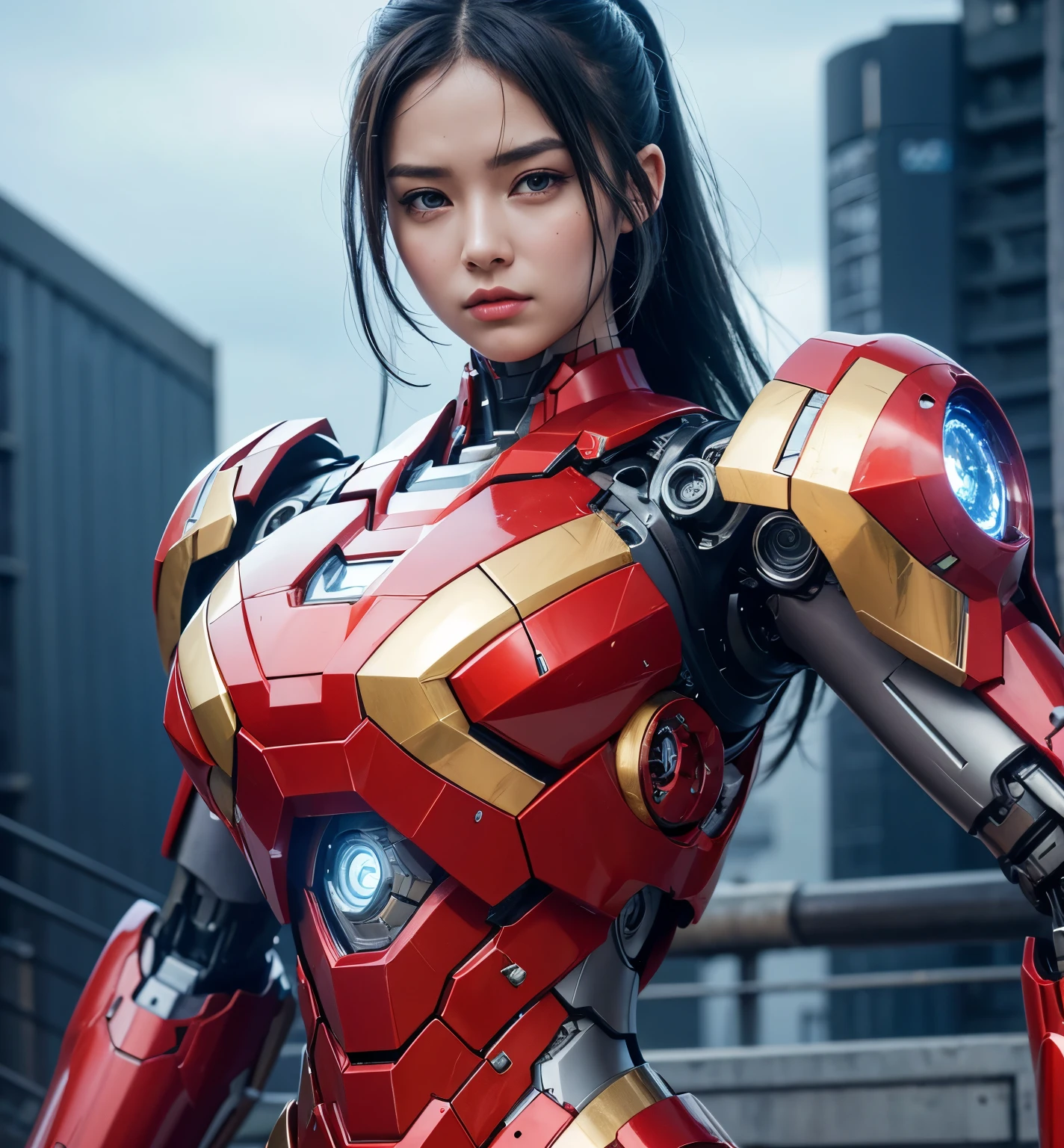 Textured skin, Super Detail, high details, High quality, Best Quality, hight resolution, 1080p, hard disk, Beautiful,(Iron Girl),beautiful cyborg woman,Mecha Cyborg Girl,Battle Mode,Girl with a Mecha Body,She wears an Iron Man mech,A powerful cyborg woman, sleek and futuristic, with advanced mechanical augmentations that enhance her strength and capabilities