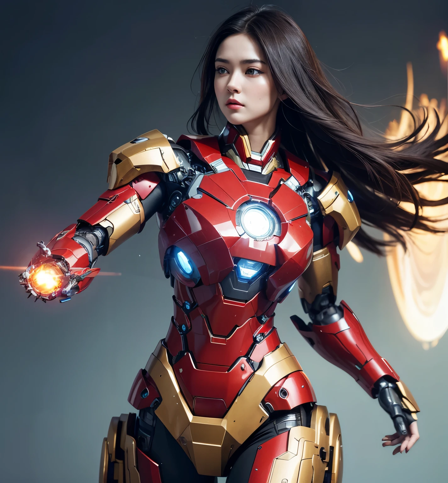 Textured skin, Super Detail, high details, High quality, Best Quality, hight resolution, 1080p, hard disk, Beautiful,(Iron Girl),beautiful cyborg woman,Mecha Cyborg Girl,Battle Mode,Girl with a Mecha Body,She wears an Iron Man mech,A powerful cyborg woman, sleek and futuristic, with advanced mechanical augmentations that enhance her strength and capabilities