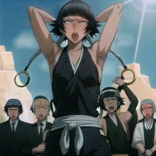 ( Animation screenshots:1.1),(Super delicate skin),(Ahegao),(best quality),(flat chest:1.4), (The nipples can be seen through the clothes),(muscular:1.35),flirtatious, 1 female, solitary, Black flowing hair, eternal, Japanese clothing, No underwear,Small Breasts, No eyeballs, For the audience, Looking at the audience, tired, From below, (Exposed armpit:1.1), ((armpit:1.2)), Sexy pose, (sweat),(More and more sweat),(Ahegao), (Roll your eyes), Naughty face, blush, open mouth, Sticking out tongue, saliva, Slobber,Runny nose,Sloppy person,Skinny