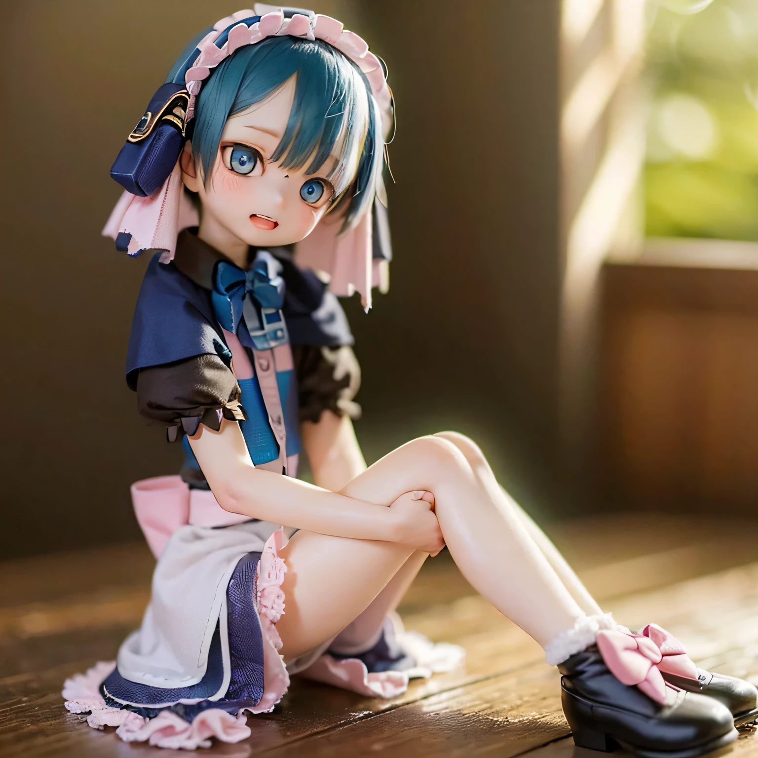 (highest quality, High resolution, masterpiece:1.2),Very detailed,Realistic:1.37,Marulk from Made in Abyss,(highest quality, High resolution, 4K, Very detailed, masterpiece:1.2), Realistic, High resolution, Vibrant colors, Sharp focus, Studio Lighting, Very detailed explanation, Professional, Portraiture, anime, Blue tones, Natural light, girl, Blue curly hair, Flat Chest, Gothic Lolita clotnnocent look, Delicate features, Long eyelashes, Expressive eyes, Rosy Cheeks, Soft lighting, Dreamy atmosphere, Whimsical backgrounds(((((((bow)))))))Walk around the mansion with a broom(((((whole body)))))casual、Show off your legs