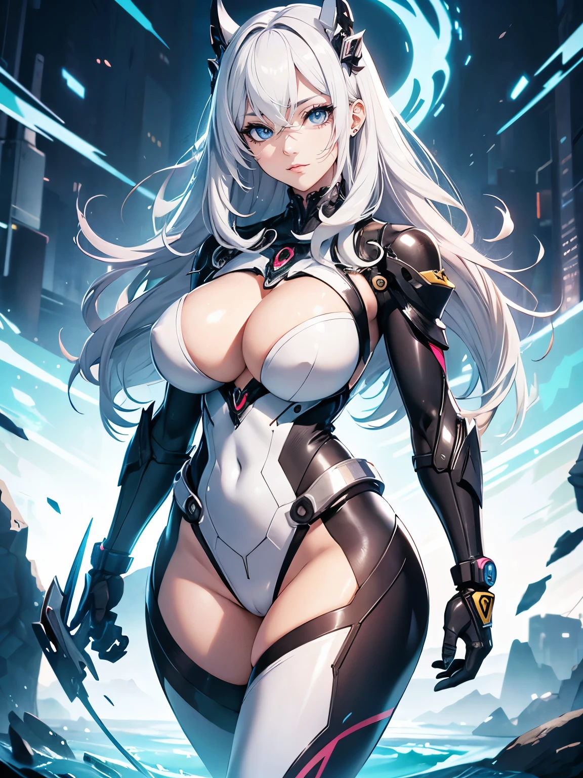 Anime character posing in bodysuit, Seductive Anime Girl, biomechanical oppai, shiny white skin, oppai, oppai proportions, Curvaceous body, White shiny skin, Perfect silver-haired girl, Smooth Anime CG Art, masterpiece, ultra-detailliert, in 8K, hiquality, Top image quality, digitial illustration, Center, Sharp Focus, art by:hyung tae kim, Full body shot, intricate detailes, rubbersuit, large full breasts, Colossal , One woman, Exposing the chest, Depiction of dense hair, Detailed eye depiction, Vibrant poses, Glamorous woman, exposing the skin, Abstract, variegated, colorful fluid background, Japanese anime, colourfull, various colors, Fleshy body line