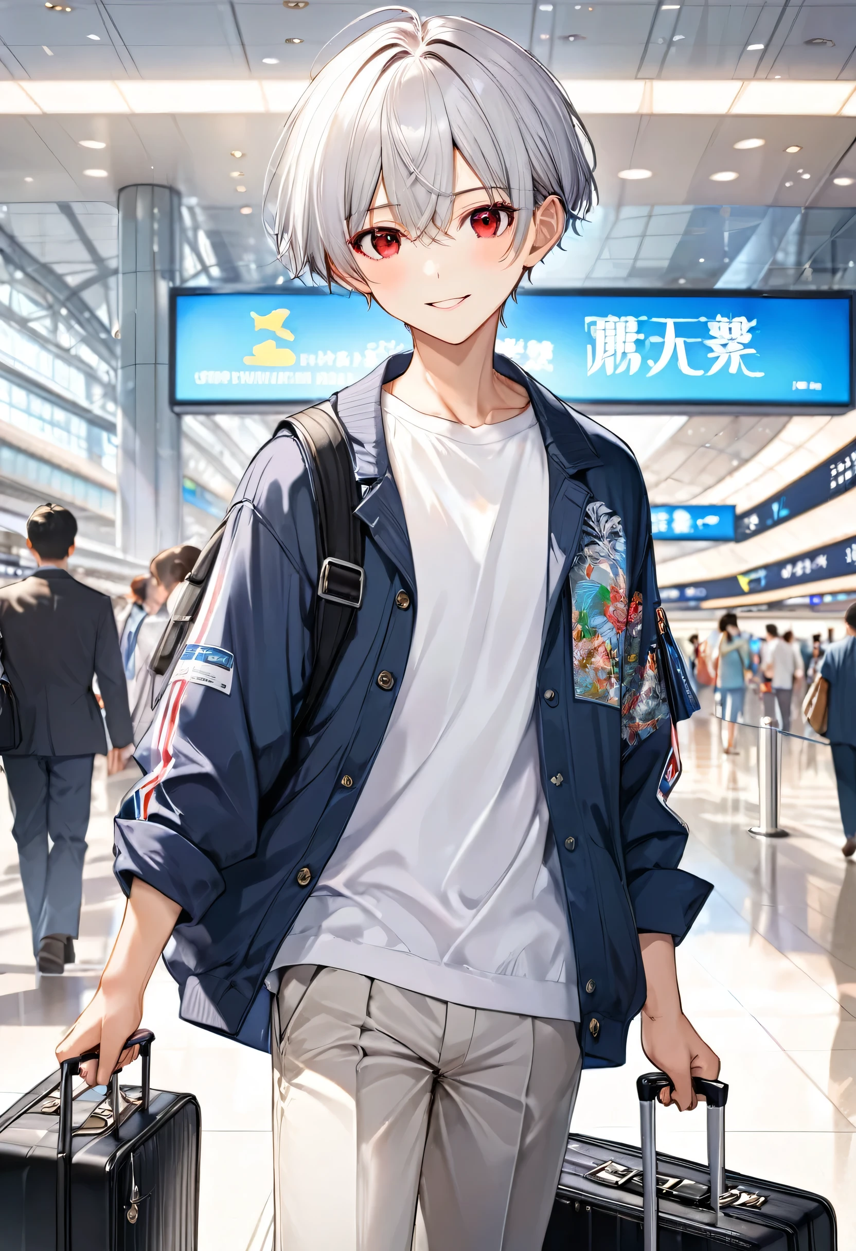 (solo crew cut slver hair very short hair divine boy, detailed serious red eyes, soft smile), (16 yo) (in a Casual clothing, summer Jacket, Slacks trousers, flat chest), (hand holding many souvenir, Carry suitcase), in the Haneda airport, BREAK, perfect anatomy, masterpiece, best quality, 16k, beautiful detailed grow, daydreaming expression.