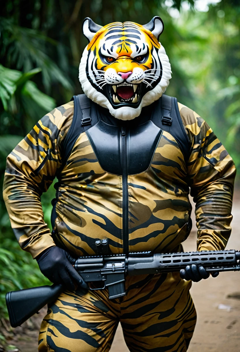 (a dark-skinned fat old man in a bulky camouflage zipper diver suit) carrying a rifle and (wearing roaring siberian tiger mask that show the wearer eyes), muscular, Basuki Abdullah, sumatraism, action, a character portrait, heroic, fierce, snarling
