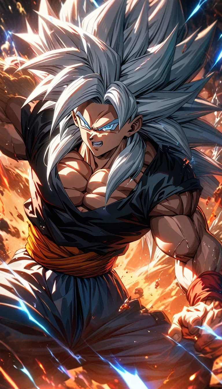 absurdres, highres, ultra detailed, HDR, masterpiece, extremely detailed face and eyes,Super Saiyan 5 Goku, Long White Hair, Dragon Ball solo, man, handsome, ,black shirt, , Epic fight scene, red and blue lightning effect, glowing glitters, full effect, full colorfull, colorful water splashing effect, colorful lava splashing effect