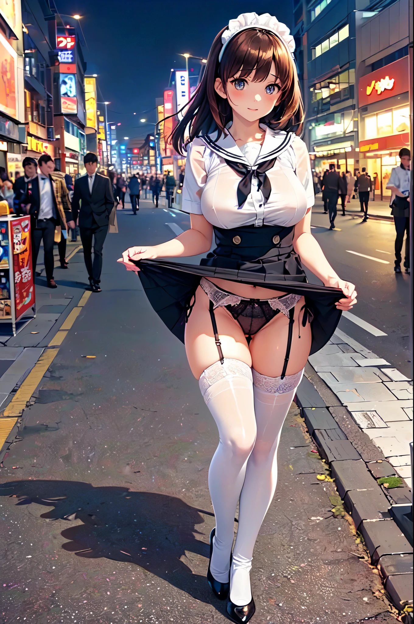 (((masterpiece, highest quality, High resolution, 超High resolution, Perfect Pixel, Depth of written boundary, 4K, RTTX 10.0))), Beautiful Anime Woman, Beautiful art style, Anime characters, ((Smooth texture, Realistic texture, Anime CG Style)), Exact finger count、Exact number of legs、(Exact number of arms:1.0, Exact number of hands:1.0), (Perfect hands, Perfect Anatomy), Cinematic, Realistic, Extremely detailed CG, Daytime lighting, Perfect lighting, Best Shadow, The best natural light, whole body, Perfect body, (Slender body:1.2), ((Long Hair, bangs, Dark brown hair, Bobcut)), (Detailed face, Beautiful Face, Beautiful eyelashes), (One adult woman is walking next to me, flipping up her skirt with her hands.:1.4), (Stylish black and white maid outfit, Sailor collar, Maid Headband, (Black knee socks, garter belt:1.3), High heels, Frifli apron, Long skirt:1.3)、Angle from the front, ((Stylish shiny satin panties, Side-tie dark white panties, black lace trim:1.3)), (Beautiful and big breasts:1.2), (Beautiful and thin thighs:1.3), Feeling embarrassed, (blush:1.2), (Very embarrassed look:1.4), A very patient expression, (City hustle and bustle, Buildings on the background, Sidewalk, Intersection in the background, Akihabara-like streetscape, Many people dressed in clothes in the background々:1.4)