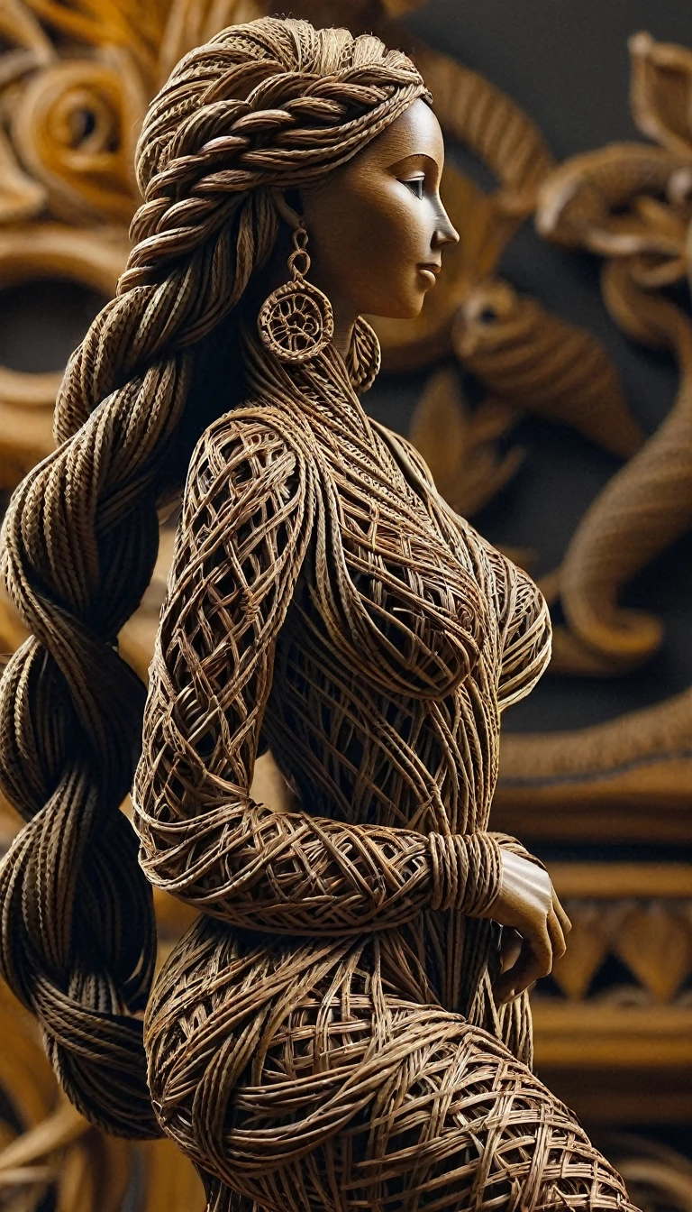 Sculpture du corp d'une sublime femme faite en rotin tressés, corps entier, highly detailed rattan, very long hair in dark raffia rope braided braids , Sculpture très détaillé, (poitrine effet push-up,  long sublime legs very detailed, marche vers moi, me regarde droit dans les yeux, perfectly detailed bare feet), (Best quality, 8k,masterpiece:1.2, hyperRéaliste:1.2)