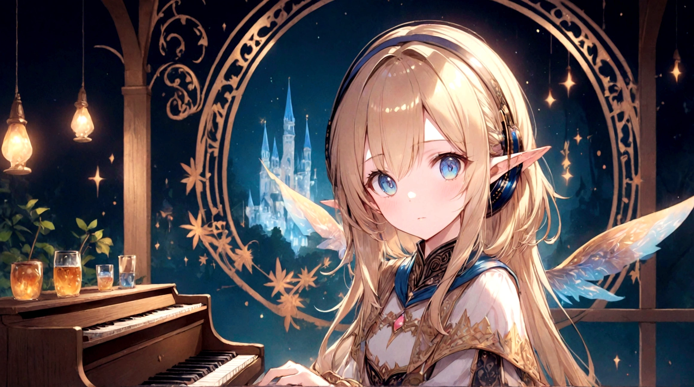 Pastel watercolor painting, fantasy game world view, medieval European outdoor tavern, soft light, wooden counter, cute, adorable, animation style, relaxing atmosphere, dreamland, beautiful female elf playing wooden piano, blonde hair, night atmosphere, flying sparks, beautiful face, 8k, high resolution, ultra high quality, clear lines, animation style,