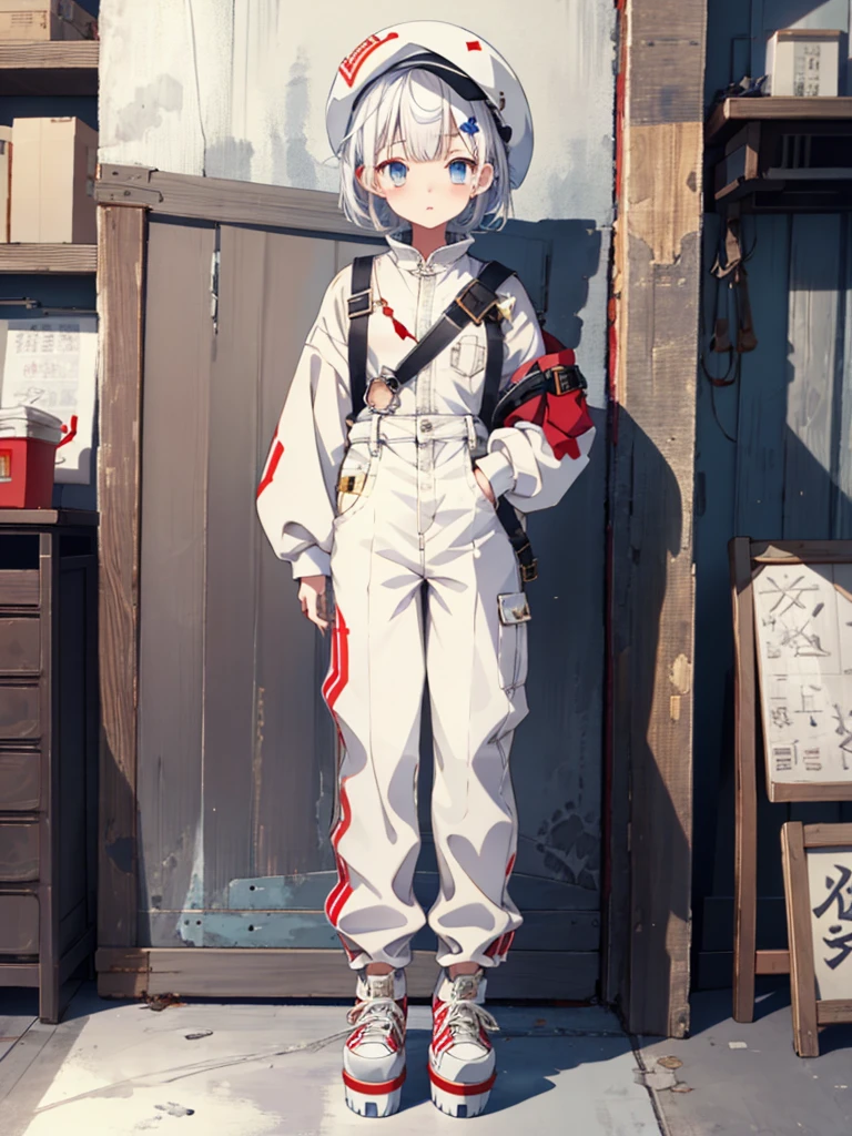 1girl、highest quality、Masterpiece、Official Art、The best composition、Highly detailed CG、High resolution、Disorganized、Standing in front of the viewer、vtuber-fullbody、Milky white short hair、Denim coveralls:Long sleeve Long trousers、Platform sneakers、