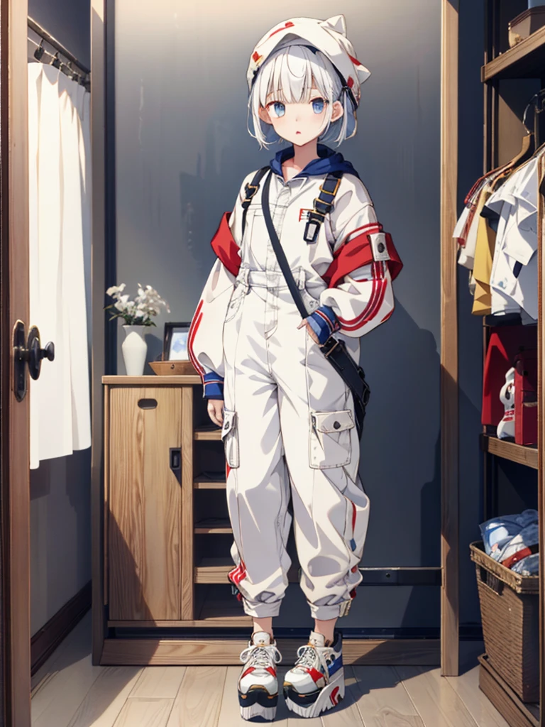 1girl、highest quality、Masterpiece、Official Art、The best composition、Highly detailed CG、High resolution、Disorganized、Standing in front of the viewer、vtuber-fullbody、Milky white short hair、Denim coveralls:Long sleeve Long trousers、Platform sneakers、