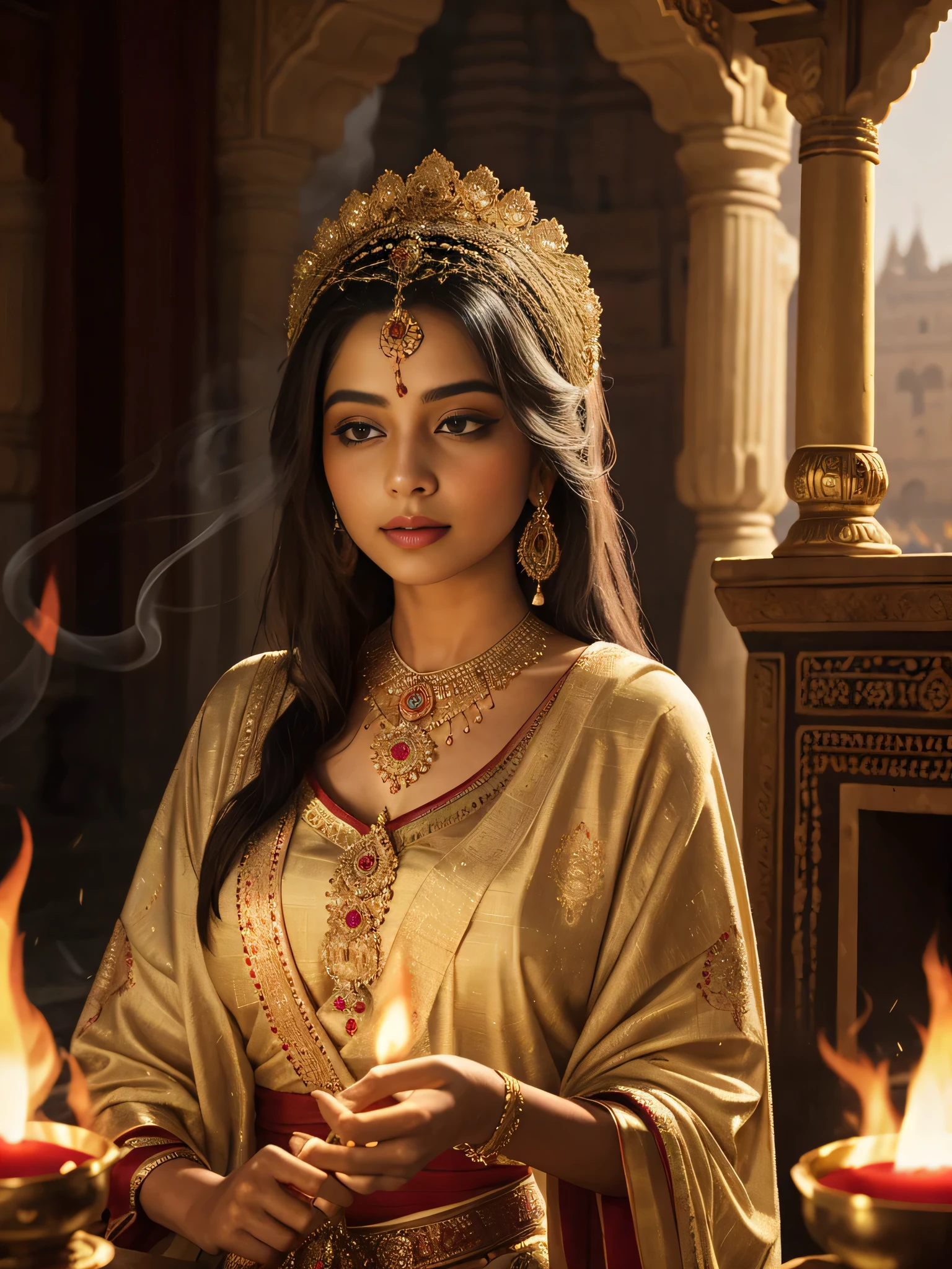 A regal Indian queen, adorned in ancient finery, graces the landscape of a magnificent castle. Her attire, an exquisite blend of white and gold silk, shimmering under the soft glow of flickering firelight. The Firestorm Photoshop Action subtly infuses her body with fiery embers, accentuating her noble grace. The queen is captured in a profound moment of meditation, surrounded by a reverent circle of women, all clad in traditional Indian attire. The castle's interior is adorned with intricate Indian art, with smoke wafting effortlessly from the burning fire within. The scene is presented in breathtaking detail, benefiting from the ultra