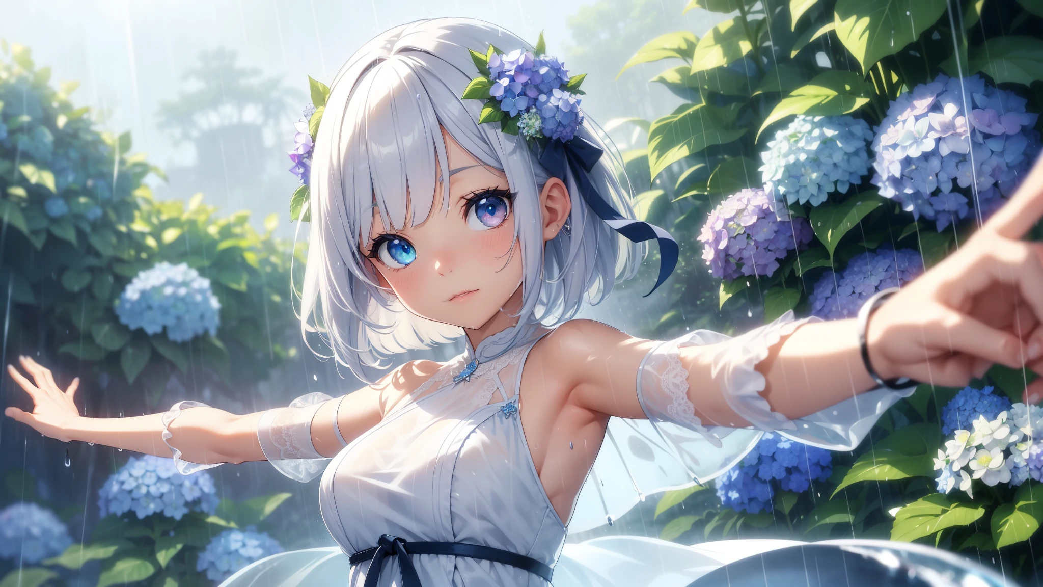 Best quality、Photorealistic、Ultra-detailed、delicate、Orderly、High Detail、Bluish Silver Short Bob、(Drooping heterochromia iris,glowing eyes:1.2)、slender、(One girl:1.2)、(Hydrangea fields、In the rain、wet、 Dynamic angle、Girl spinning around with arms outstretched:1.3)、Ambient Occlusion、Ambient Light、Ray-traced Reflections、Glow、Shiny Hair、