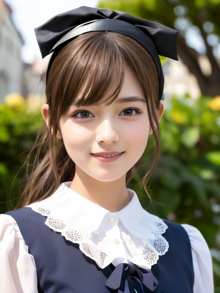 (Realistic, photo-Realistic:1.37), Incredibly absurd, (Very detailed:1.3), 8k, (masterpiece), (highest quality:1.4), (Ultra-high resolution:1.2), (RAW Photos:1.2), Very detailed background, (unity 8k wallpaper), 1 nogizaka girl, very cute, bishojo, 15 years, (Gothic Lolita Fashion), Exquisitely drawn beautiful faces, eyes and skin, Detailed black shiny hair, Elegant frills, Frilled tie, Ribbon tie, Rose Hair Accessories, Delicate lace dress, Soft fabric, Beautiful rose pattern, Smiling for the camera, Cowboy Shot, European castle landscape, Professional Lighting