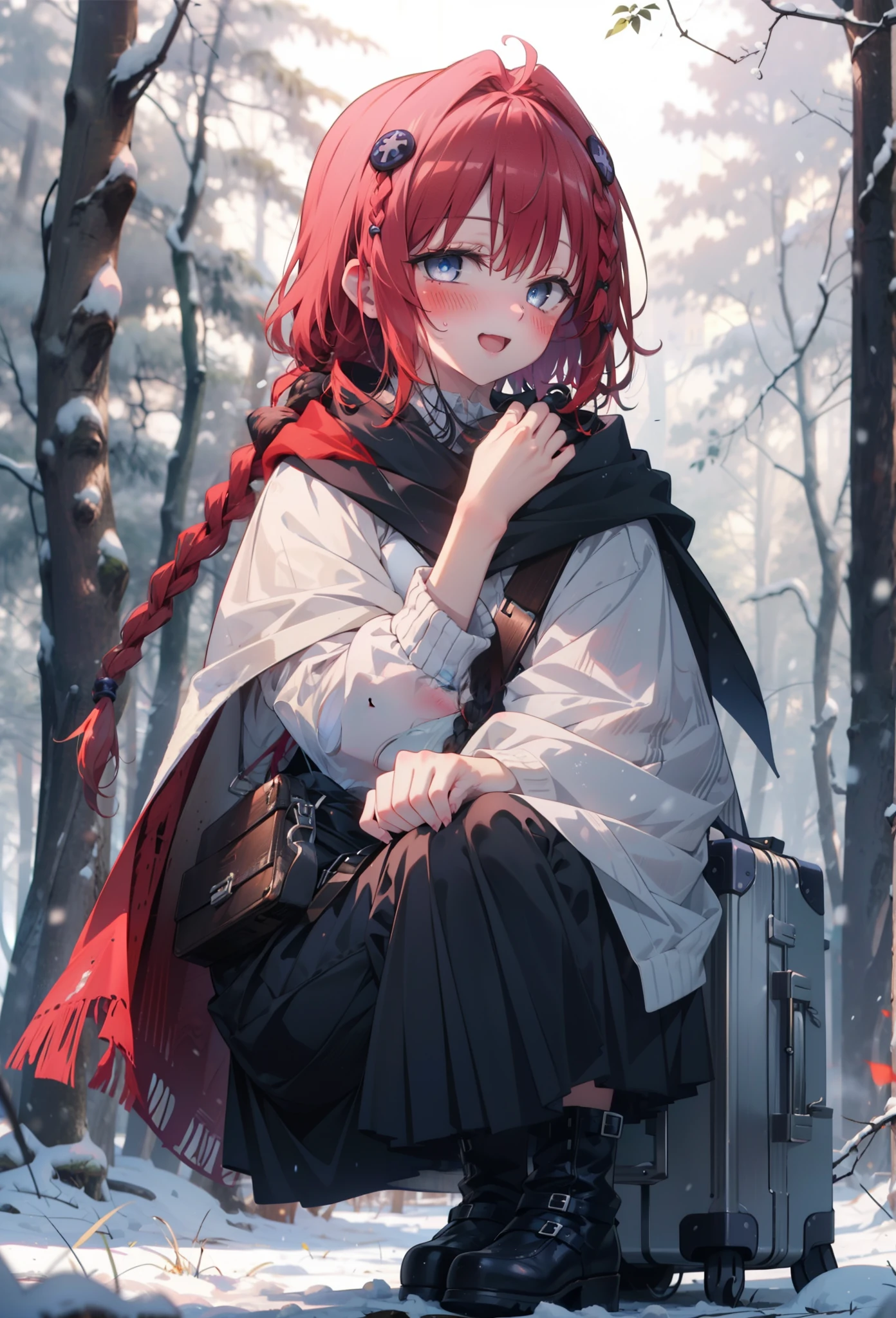 kurosaki mea,Red Hair,Long Hair,Long braids,Purple eyes,smile,smile,blush,White Breath,
Open your mouth,snow,A bonfire on the ground,,Outdoor, boots, snowing, From the side, wood, suitcase, Cape, Blurred, , forest, White handbag, nature,  Squat, Mouth closed, Cape, winter, Written boundary depth, Black shoes, red Cape break looking at viewer, Upper Body, whole body, break Outdoor, forest, nature, break (masterpiece:1.2), highest quality, High resolution, unity 8k wallpaper, (shape:0.8), (Beautiful and beautiful eyes:1.6), Highly detailed face, Perfect lighting, Highly detailed CG, (Perfect hands, Perfect Anatomy),