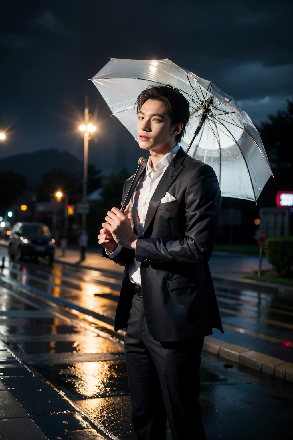 ((best quality)), ((masterpiece)), (detailed), Two-dimensional landscape,Rainy Night,Man in suit holding umbrella,