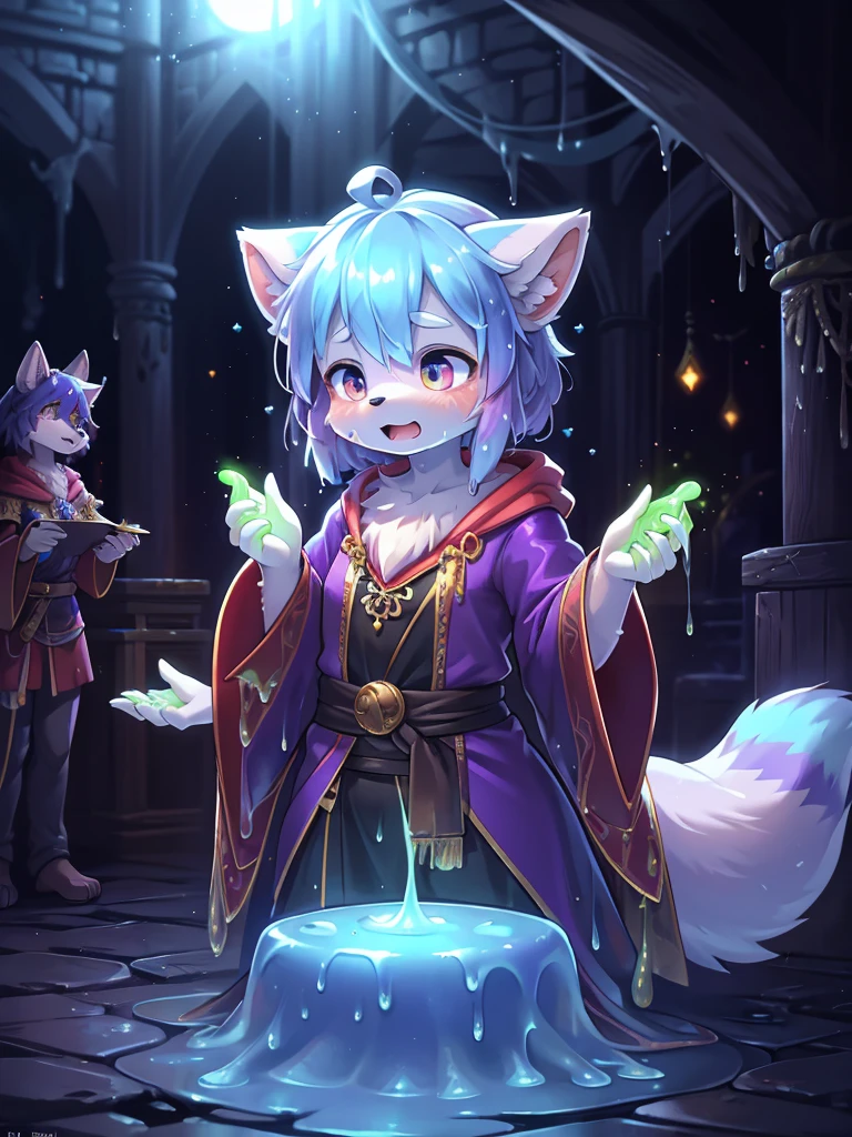 Hallucination, daydream , Fear , bokeh , hairy fur , apparitions and racoon dog girl , what a wonderful fantasy world , messy magician's robe , inside haunted dungeon , Slime attacks , Slime sticks , splash slime