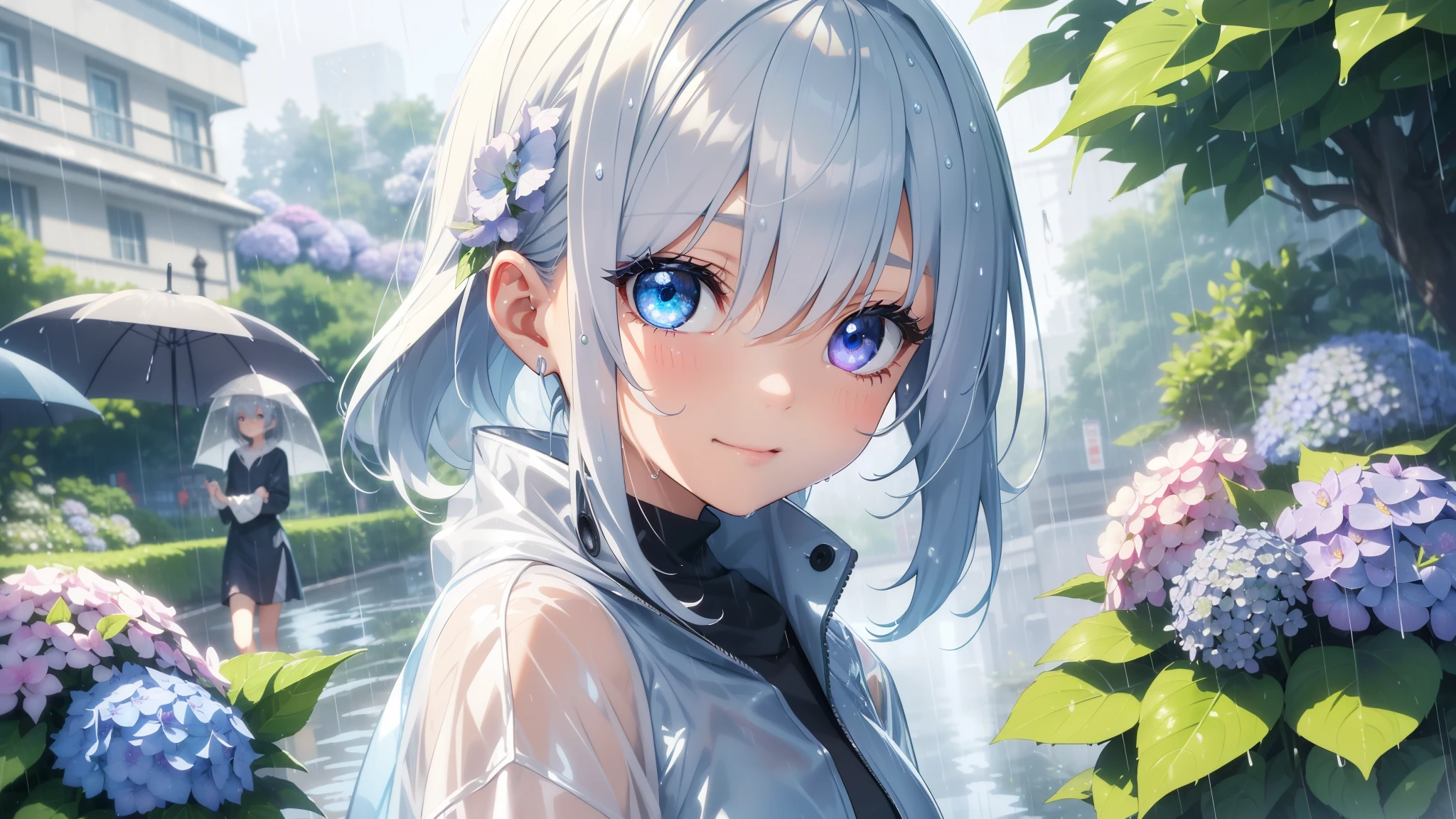 Best quality、Photorealistic、Ultra-detailed、delicate、Orderly、High Detail、Bluish Silver Short Bob、(Drooping heterochromia iris,glowing eyes:1.2)、slender、(One girl:1.2)、(Hydrangea、In the rain、wet、 Dynamic angle、A girl walking cheerfully、A girl wearing a raincoat:1.3)、Ambient Occlusion、Ambient Light、Ray-traced Reflections、Glow、Shiny Hair、