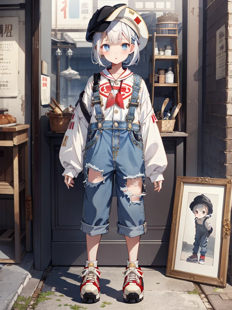 1girl、highest quality、Masterpiece、Official Art、The best composition、Highly detailed CG、High resolution、Disorganized、Standing in front of the viewer、vtuber-fullbody、Milky white short hair、Newsboy hat、Denim coveralls:Long sleeve Long trousers、Platform sneakers、