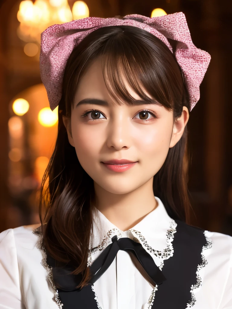 (Realistic, photo-Realistic:1.37), Incredibly absurd, (Very detailed:1.3), 8k, (masterpiece), (highest quality:1.4), (Ultra-high resolution:1.2), (RAW Photos:1.2), Very detailed background, (unity 8k wallpaper), 1 nogizaka girl, very cute, bishojo,  years, (Gothic Lolita Fashion), Exquisitely drawn beautiful faces, eyes and skin, Detailed black shiny hair, Elegant frills, Frilled tie, Ribbon tie, Rose Hair Accessories, Delicate lace dress, Soft fabric, Beautiful rose pattern, Smiling for the camera, Cowboy Shot, European castle landscape, Professional Lighting