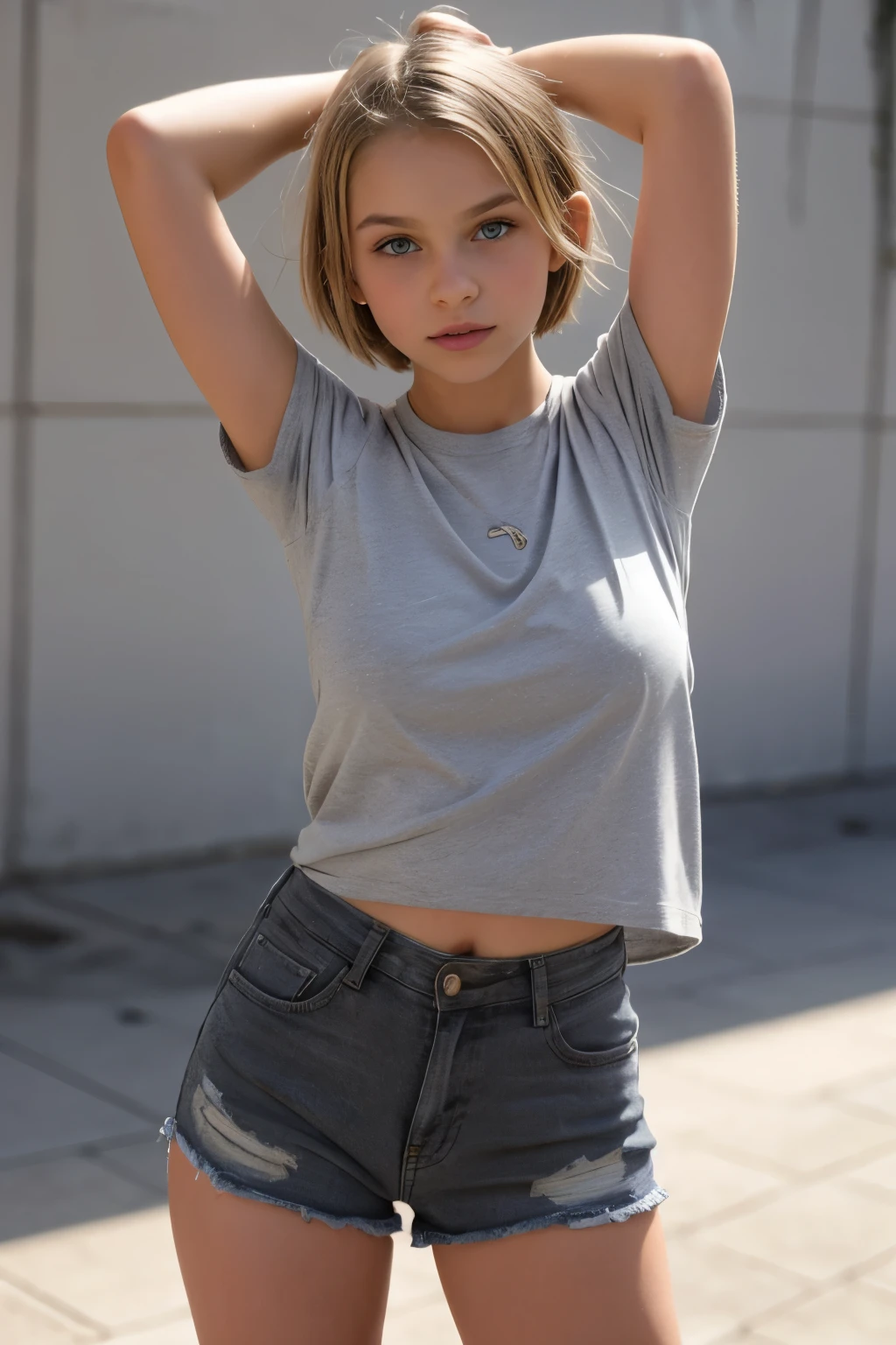 (Cute tween fashion model:1.5), 3/4 photo, bust focus, natural light, tomboy, skinny, thin, slim, lean, slender, nubile, posing for picture, very short hair, blonde hair, blueeyes, natural lighting, armpits, thin waist, thin hips, perfect lips, fat lower lip, young, youthful, teen, teenager, busty teen, huge breasts, grey background, over sized baggy shirt