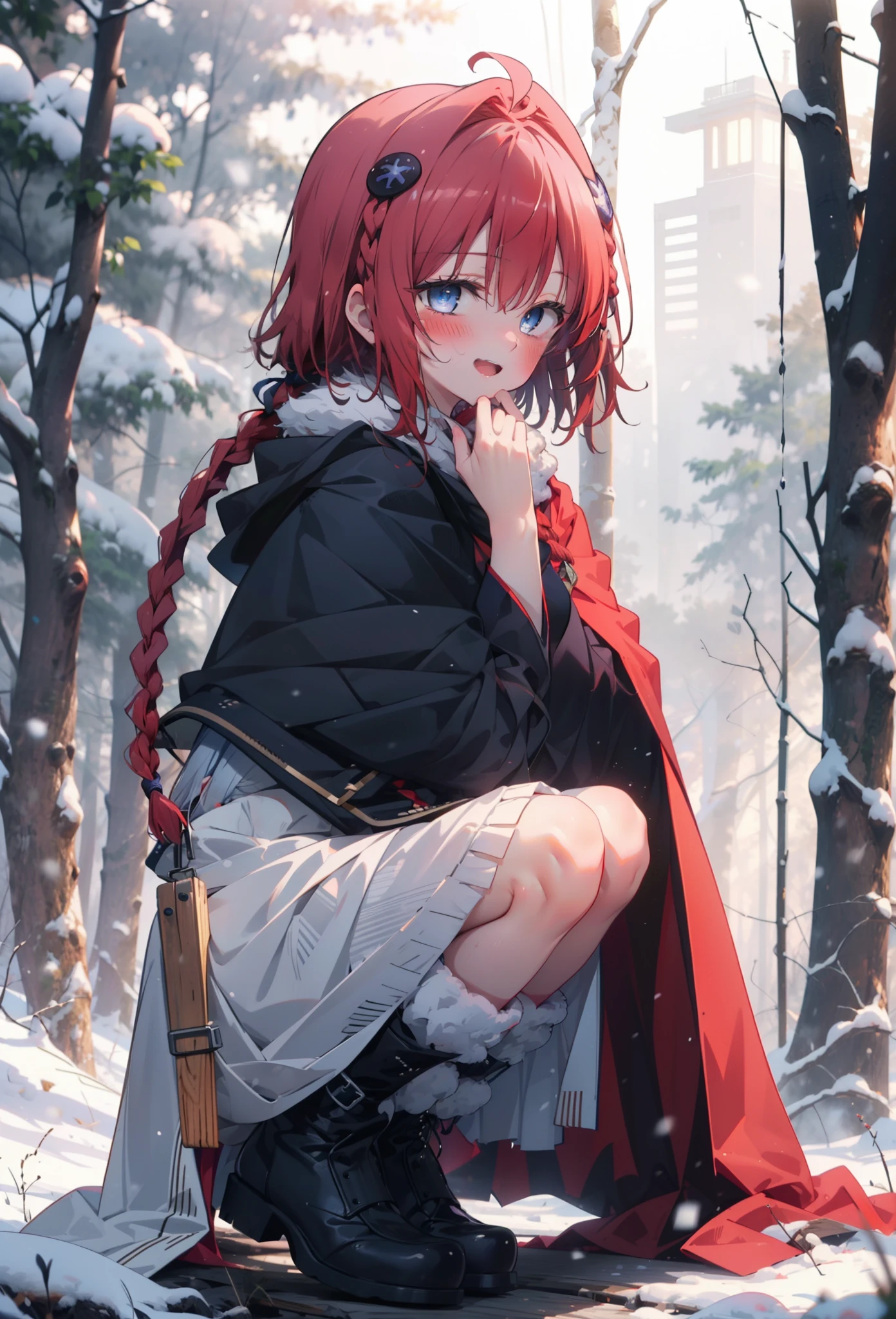 kurosaki mea,Red Hair,Long Hair,Long braids,Purple eyes,smile,smile,blush,White Breath,
Open your mouth,snow,A bonfire on the ground,,Outdoor, boots, snowing, From the side, wood, suitcase, Cape, Blurred, , forest, White handbag, nature,  Squat, Mouth closed, Cape, winter, Written boundary depth, Black shoes, red Cape break looking at viewer, Upper Body, whole body, break Outdoor, forest, nature, break (masterpiece:1.2), highest quality, High resolution, unity 8k wallpaper, (shape:0.8), (Beautiful and beautiful eyes:1.6), Highly detailed face, Perfect lighting, Highly detailed CG, (Perfect hands, Perfect Anatomy),