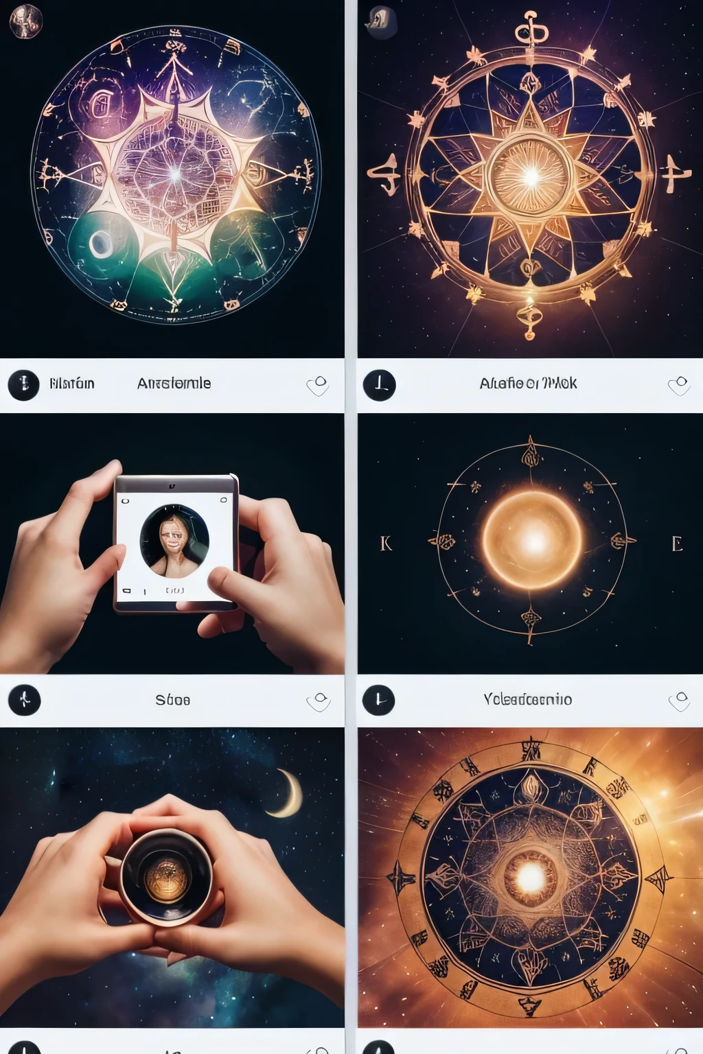 create 6 pictures for the social network instagram, this page is run by an astrologer and you need 6 photos in the same topic to use them on social networks