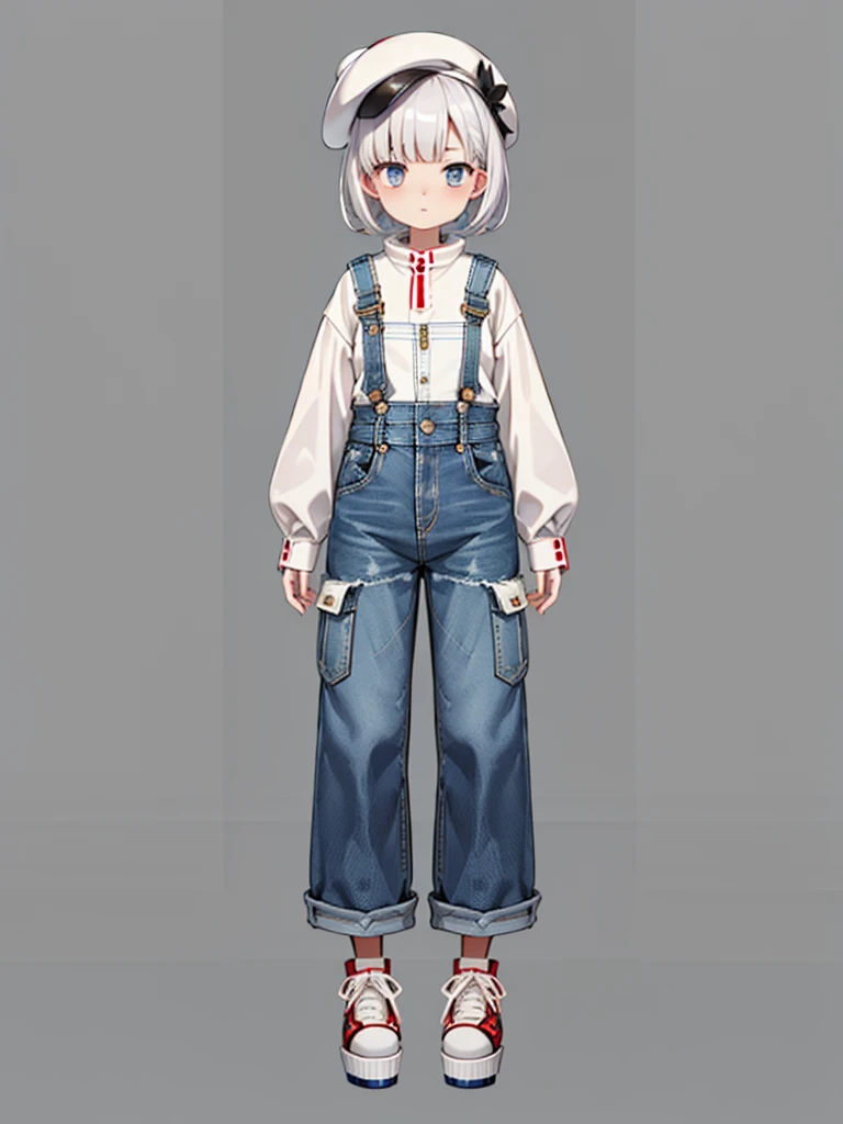 1girl、highest quality、Masterpiece、Official Art、The best composition、Highly detailed CG、High resolution、Disorganized、Standing in front of the viewer、vtuber-fullbody、Milky white short hair、Newsboy hat、Denim coveralls：Long sleeve　Long trousers、Platform sneakers、
