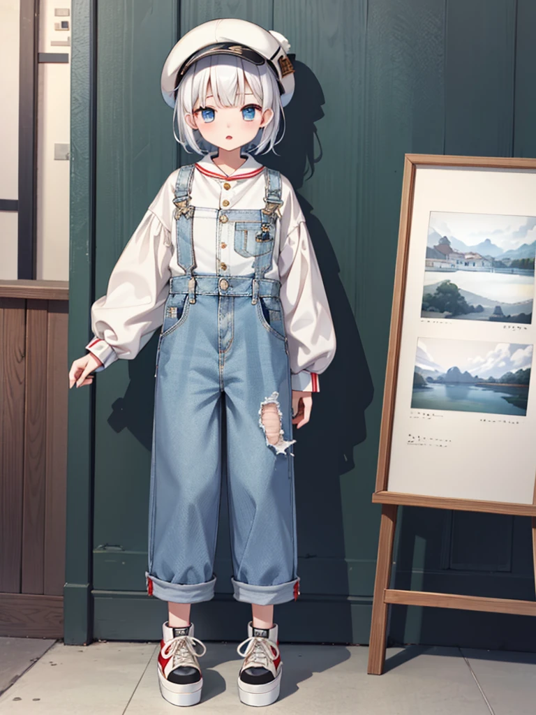 1girl、highest quality、Masterpiece、Official Art、The best composition、Highly detailed CG、High resolution、Disorganized、Standing in front of the viewer、vtuber-fullbody、Milky white short hair、Newsboy hat、Denim coveralls:Long sleeve Long trousers、Platform sneakers、