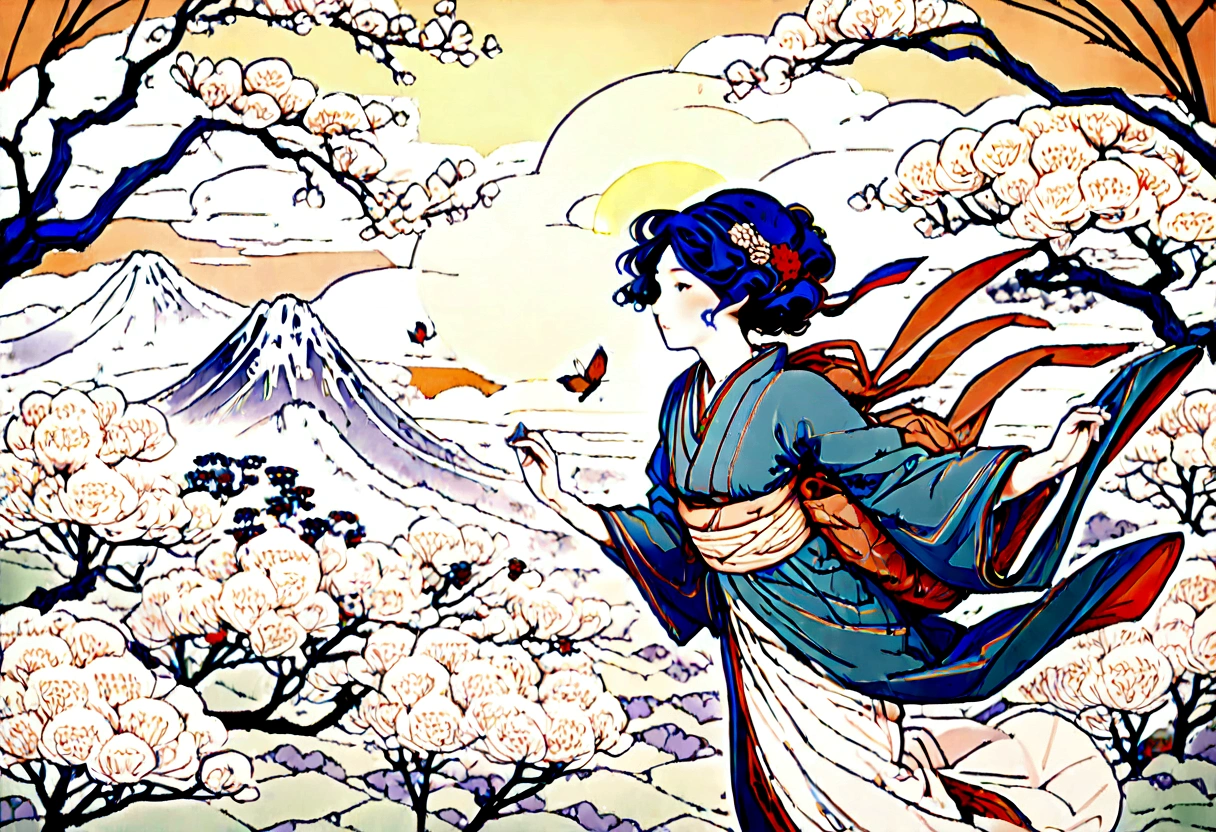 Spring is in full bloom, lineart, watercolor, by (((((Hokusai))))) and Alphonse Mucha