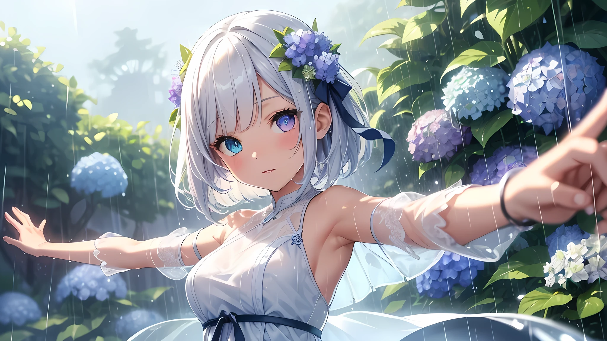Best quality、Photorealistic、Ultra-detailed、delicate、Orderly、High Detail、Bluish Silver Short Bob、(Drooping heterochromia iris,glowing eyes:1.2)、slender、(One girl:1.2)、(Hydrangea fields、In the rain、wet、 Dynamic angle、Girl spinning around with arms outstretched:1.3)、Ambient Occlusion、Ambient Light、Ray-traced Reflections、Glow、Shiny Hair、