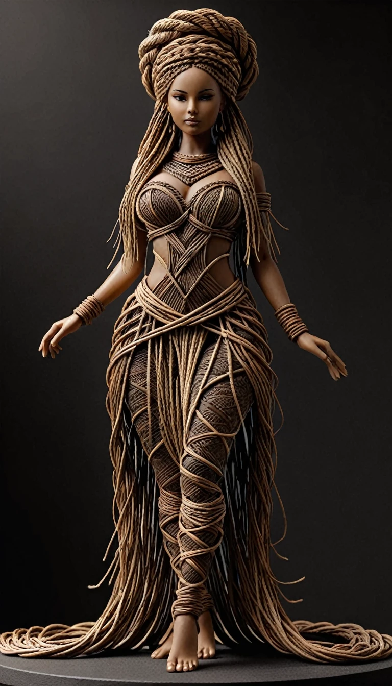 Sculpture du corp d'une sublime femme faite en rotin tressés, corps entier, highly detailed rattan, very long hair in dark raffia rope braided braids , Sculpture très détaillé, (poitrine effet push-up,  long sublime legs very detailed, marche vers moi, me regarde droit dans les yeux, perfectly detailed bare feet), (Best quality, 8k,masterpiece:1.2, hyperRéaliste:1.2)