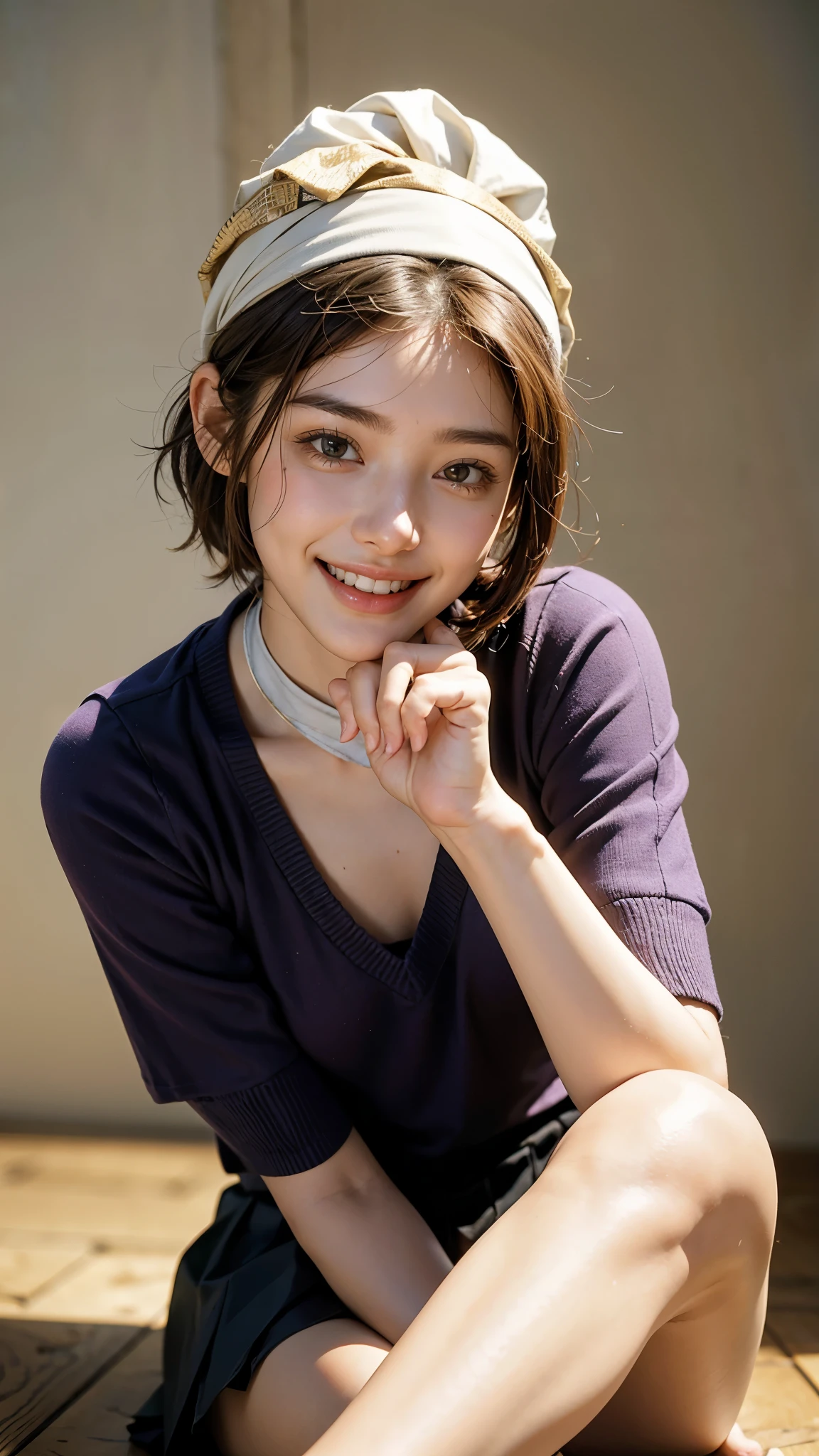 highest quality, masterpiece, Ultra-high resolution,8k, (Realistic:1.6), (Facing portraits) RAW Photos, 1 girl,(I'm showing my teeth and smiling)), 22 years old,((Beautiful feet)),((Miniskirt Uniform)),((short hair)),((Wear a bandana on your head)),((A little below:1.2)),Face Focus:1.4,((Simple solid color background)), Image Media Chest)),((Smiling with teeth showing)),