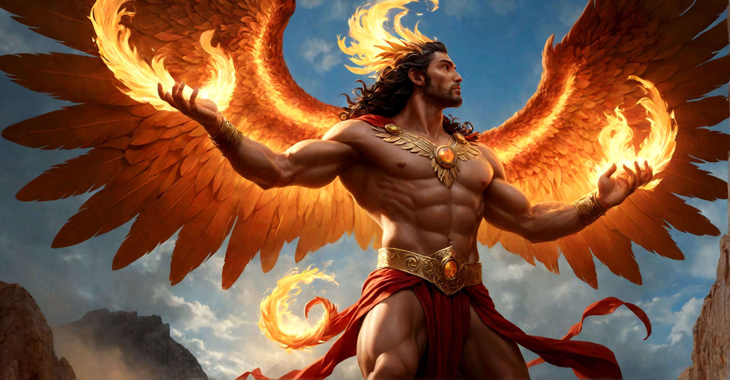 (melhor qualidade,4k,8K,high resolution,Obra de arte:1.2),ultra-detalhado,(realista,photorealista,photo-realista:1.37),Man with phoenix wings on his back,fogo em torno de seu punho,penas,captivating expression,asas flamejantes espalhadas,Luz ardente,cinematic atmosphere,dramatic angle,heroic stance,mythical creature,detalhes esculturais,irradiando poder,aura celestial,paleta de cores vibrantes,chamas abrasadoras,epic fantasy,mythological hero,heroic mythology,Fuel energy,calor luminoso,dynamic movement,high contrast lighting,Archetypal figure,textura detalhada de penas,Mythical symbolism,trilhas de fogo,Embodying Strength and Grace,brasas intensamente brilhantes,powerful presence,extraordinary supernatural ability,fogo astral,poder duradouro e renascimento,burning spirit,inspiring show