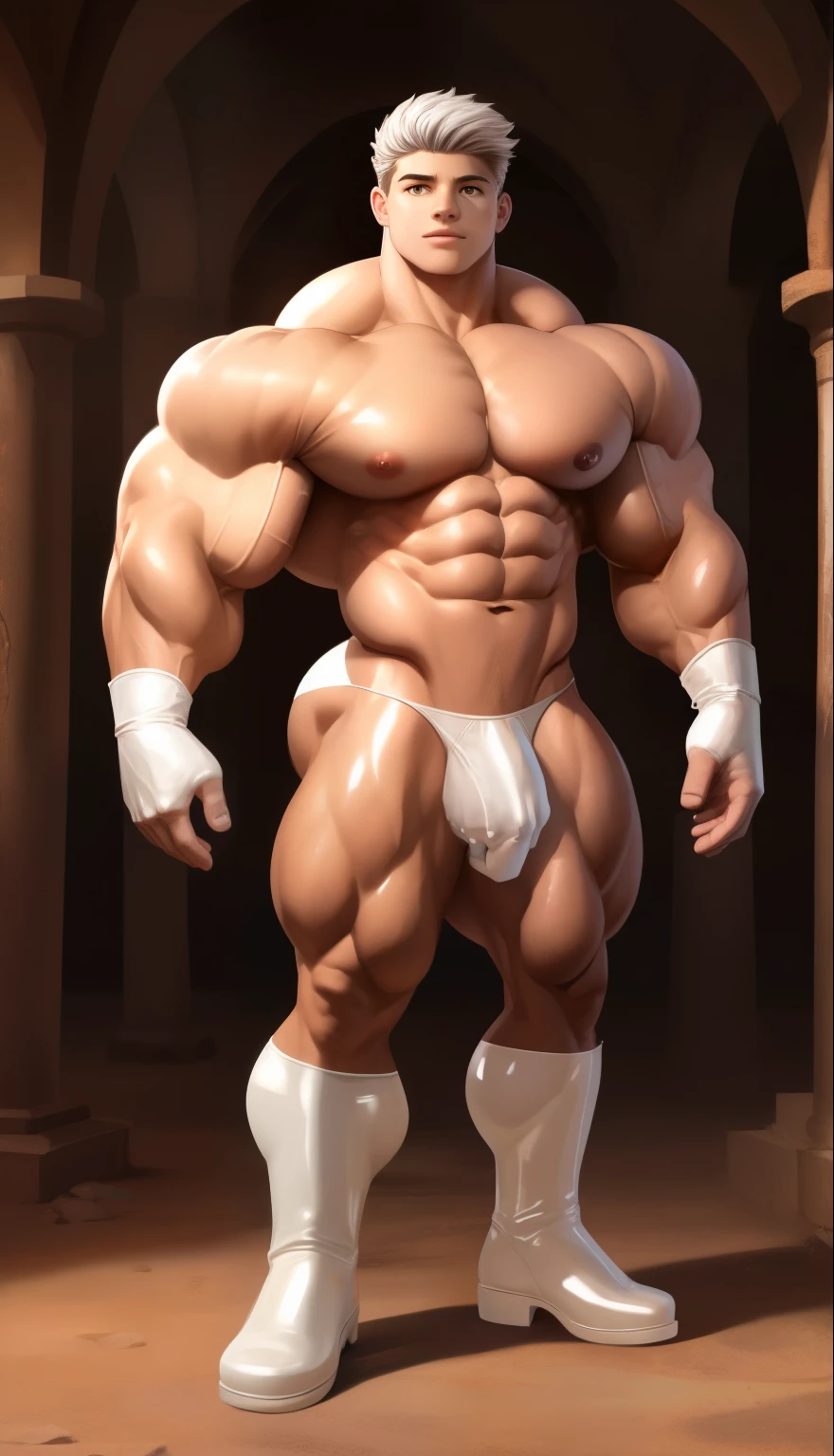 A ( face) 15 y years old) very attratanding, full body. Mexican ethnicity. tanned skin, silver white hair, short hair bangs that fall on both sides of his youthful face. carefree expression, young man, alone, marked muscles, beautiful musculature, aesthetic stretch marks, inspiring physique, slender muscles, square pecs, beautiful V-cone, excellent abs and torso, chiseled abs, pectorals chiseled, perfect massive muscles, inflated muscles, voluminous pectorals, massive muscular body, a huge gigantic chest with a narrow waist, huge shoulders, ridiculously well-shaped large pecs, eight chiseled abs, (very toned and huge) with his military haircut and voluminous neck, narrow waist, golden eyes, young face, beautiful, young. Teen muscular young bodybuilder with extraordinary and firm back, chiseled muscles, rhomboid muscles, latissimus dorsi. Gigachad. He wears white gloves on his hands, and white boots. White thong(((White latex thong))) bulge in the crotch. Ruins of temple with forest background. standing, full body. (((Back))) huge firm muscular thighs, round buttocks and round butt with back, huge ass ((firm buttocks)) with big booty. (((white latex thong))) (((white gloves))) (((white boots))).