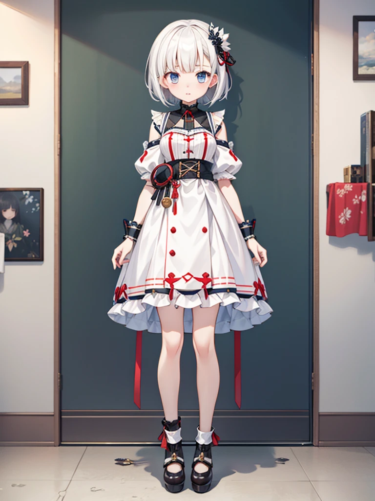 1girl、highest quality、Masterpiece、Official Art、The best composition、Highly detailed CG、High resolution、Disorganized、Standing in front of the viewer、vtuber-fullbody、Milky white short hair、Innovative fashion、Future、