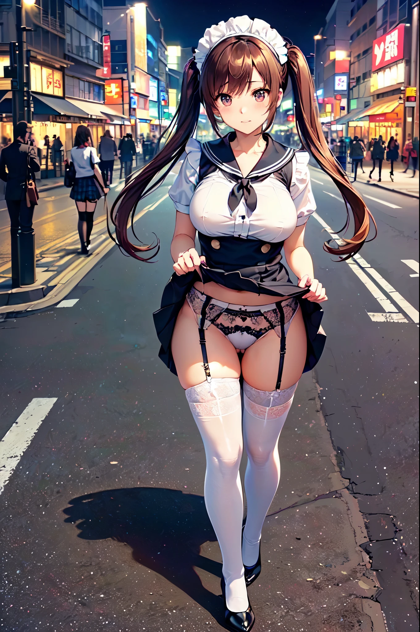 (((masterpiece, highest quality, High resolution, 超High resolution, Perfect Pixel, Depth of written boundary, 4K, RTTX 10.0))), Beautiful Anime Woman, Beautiful art style, Anime characters, ((Smooth texture, Realistic texture, Anime CG Style)), Exact finger count、Exact number of legs、(Exact number of arms:1.0, Exact number of hands:1.0), (Perfect hands, Perfect Anatomy), Cinematic, Realistic, Extremely detailed CG, Daytime lighting, Perfect lighting, Best Shadow, The best natural light, whole body, Perfect body, (Slender body:1.2), ((Long Hair, bangs, Dark brown hair, Long twin tails)), (Detailed face, Beautiful Face, Beautiful eyelashes), (One adult woman is walking next to me, flipping up her skirt with her hands.:1.4), (Stylish black and white maid outfit, Sailor collar, Maid Headband, (Black knee socks, garter belt:1.3), High heels, Frifli apron, mini skirt:1.3)、Angle from the front, ((Stylish shiny satin panties, Side-tie white panties:1.3)), (Beautiful and big breasts:1.2), (Beautiful and thin thighs:1.3), Feeling embarrassed, (blush:1.2), (Very embarrassed look:1.4), A very patient expression, (City hustle and bustle, Buildings on the background, Sidewalk, Intersection in the background, Akihabara-like streetscape at night, Many people dressed in clothes in the background々:1.4)