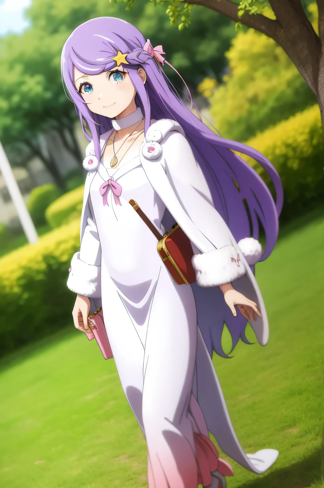 masterpiece,highest quality,anime,(2D:1.2),
One girl, Long Hair, alone, Pink ribbon, Purple Hair, Have, jewelry, smile, Star hair ornament, White Dress, View Viewer, White Cape, necklace, Long sleeve, Fur trim, Long dress, choker, Are standing, stage, blue eyes,Mouth closed, bangs, very Long Hair, Handbags, Floating Hair, Outdoor,