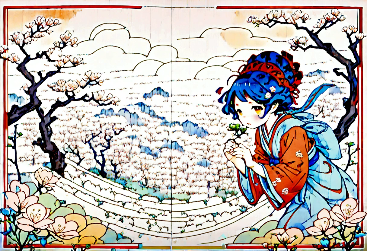 Spring has sprung, and it's all springy now!, lineart, watercolor, by (((((Hokusai))))) and Alphonse Mucha