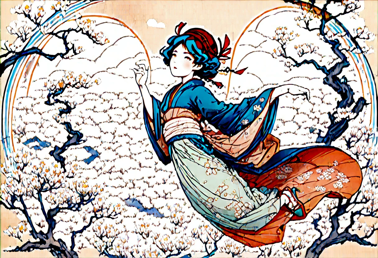 Spring has sprung, and it's all springy now!, lineart, watercolor, by (((((Hokusai))))) and Alphonse Mucha