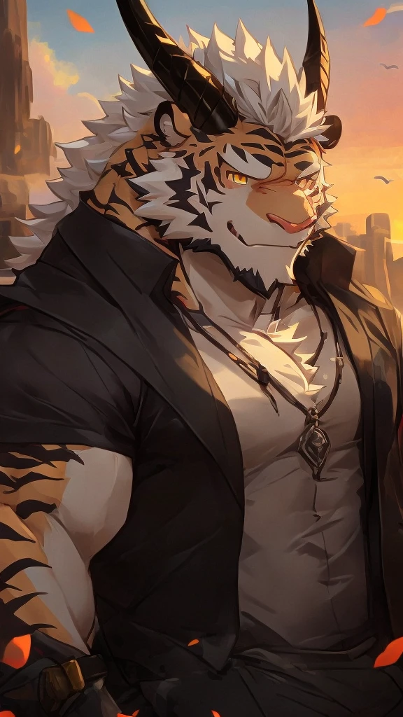 (masterpiece)，Very detailed，(best quality)，hairy，tiger，male，Dragon Scale，black dragon horns，Golden Eyes，white hair，尾巴hairy的，Blood in left eye，Honesty，Handsome，8K，(high quality)