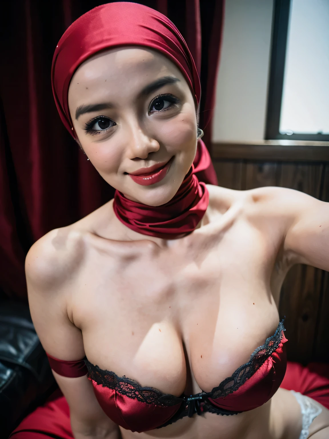 Malay women in hijab wearing sexy satin red color strapless bra and panties, portrait photography, 35 years old, mid shot photo, ultra detail, professional photograph with professional lighting, smile, sexy seducing pose, curvy,