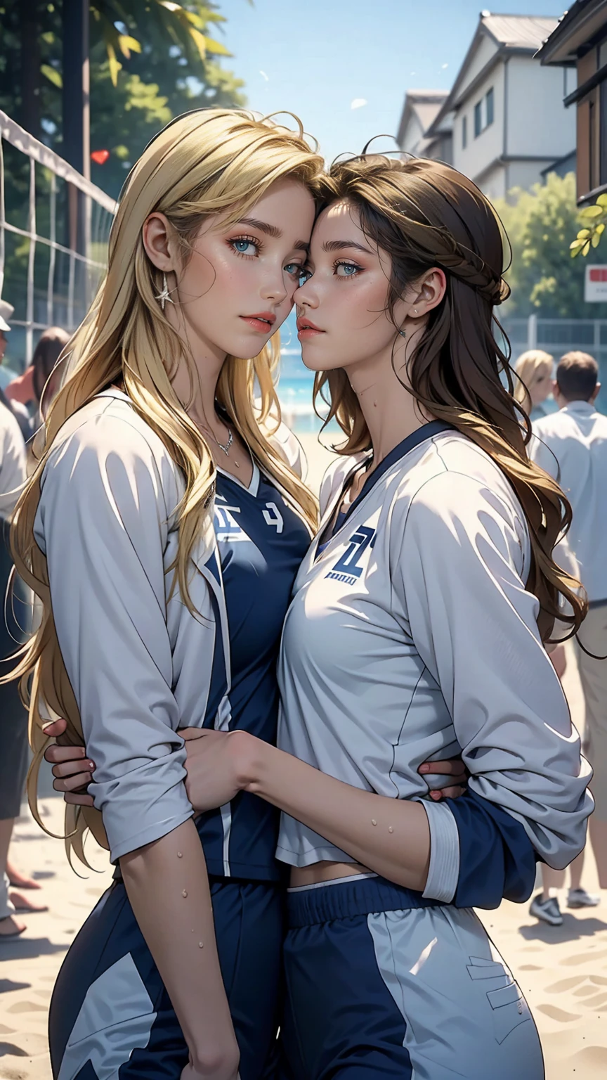 Two women kissing side by side, Wearing a white and blue volleyball suit, No sleeve, At the same height, (Brunette, Sunburned) (Blonde), small, Sweaty chest, masterpiece, highest quality, Great Shadows, Detailed Background, Silk Shot