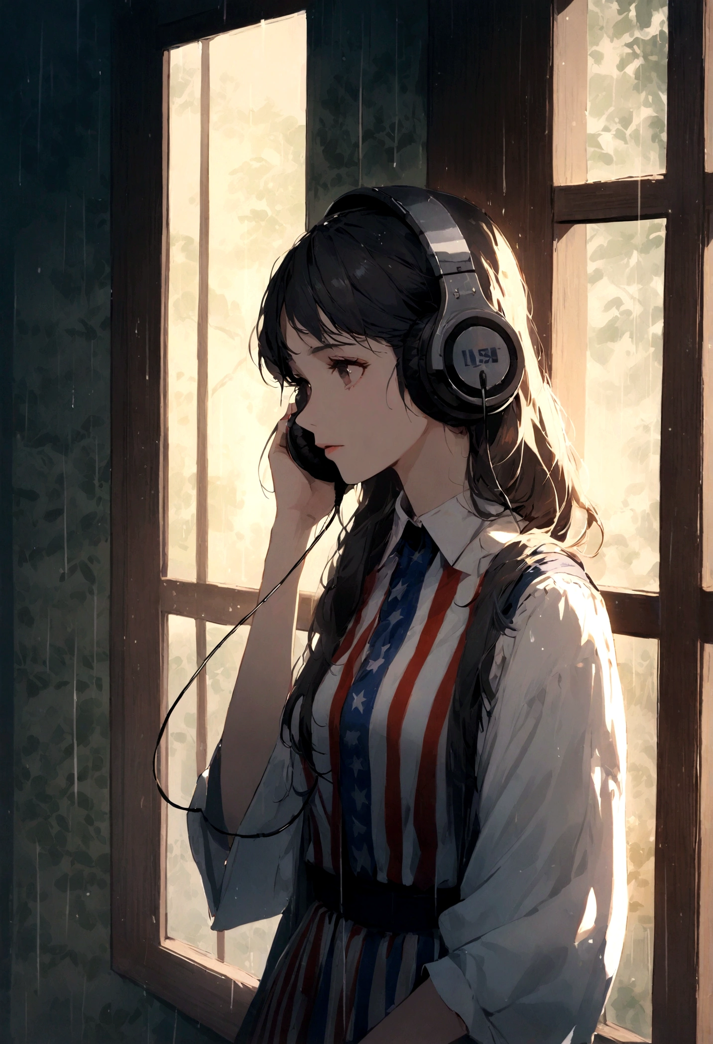 Girl listening to music wearing headphones,She wears American clothes, Rain hit the windows. wallpaper